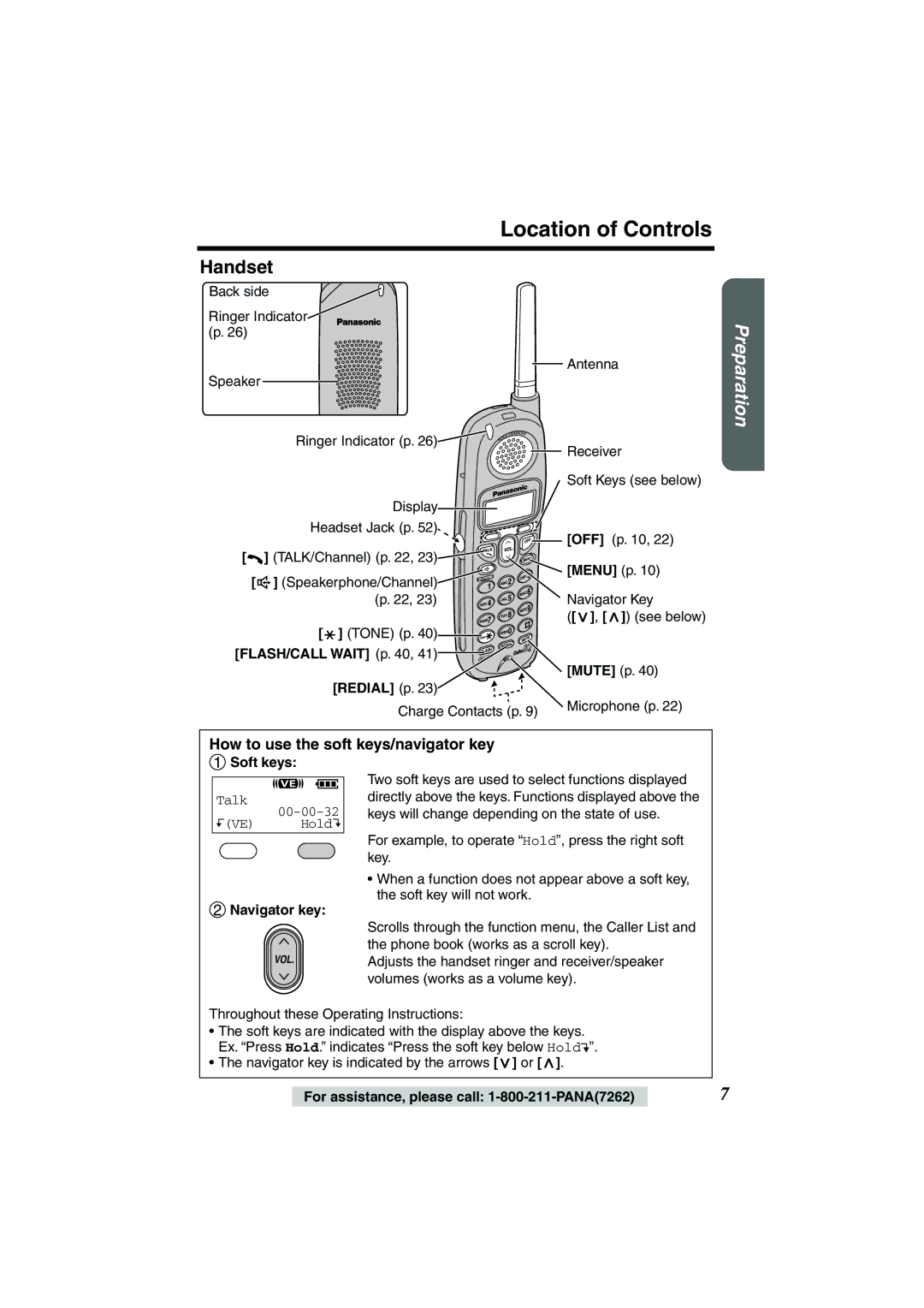 Panasonic TG2258PW operating instructions Location of Controls, Handset, How to use the soft keys/navigator key 