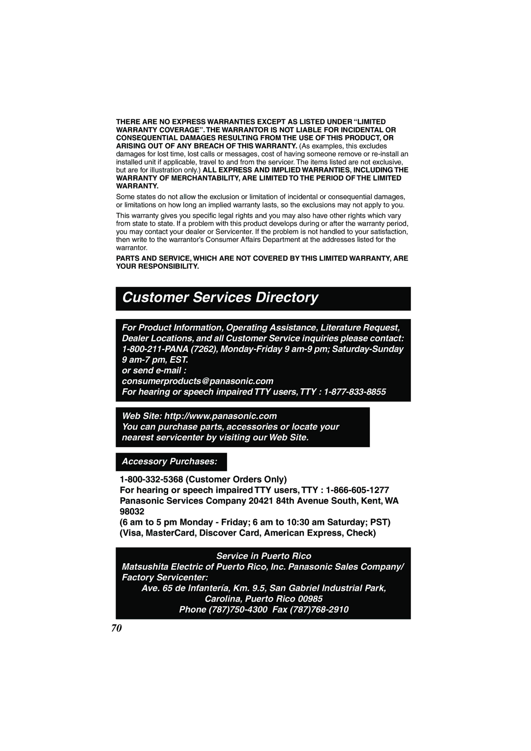 Panasonic TG2258PW operating instructions Customer Services Directory 