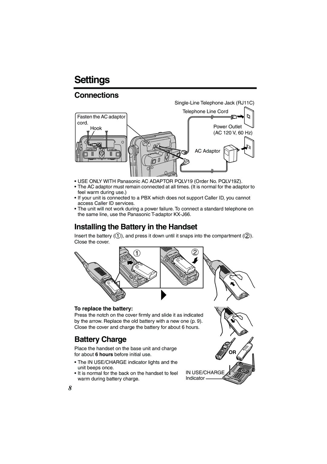 Panasonic TG2258PW Settings, Connections, Installing the Battery in the Handset, To replace the battery 