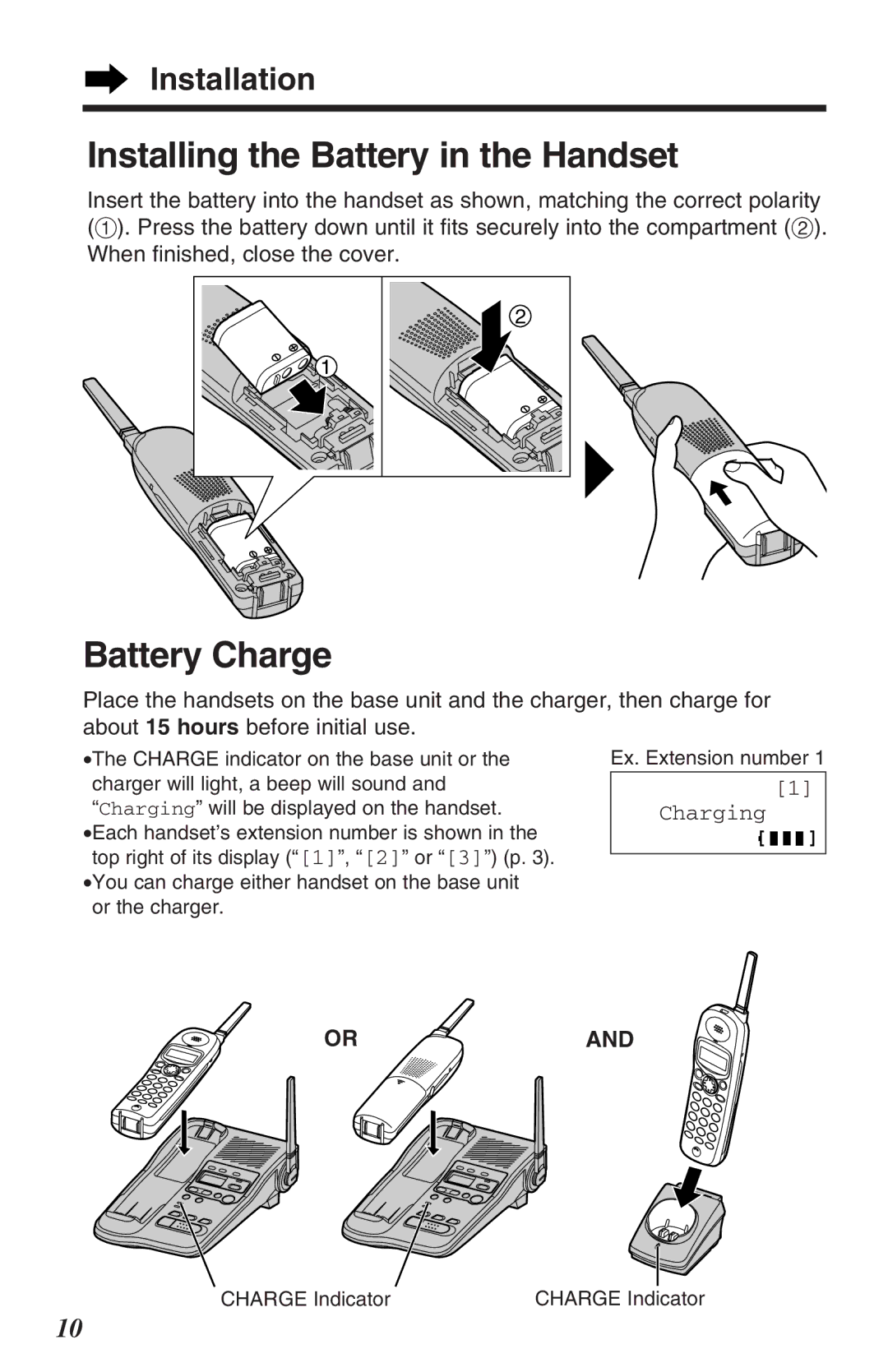 Panasonic TG2382PW operating instructions Installing the Battery in the Handset, Battery Charge, Installation, Charging 