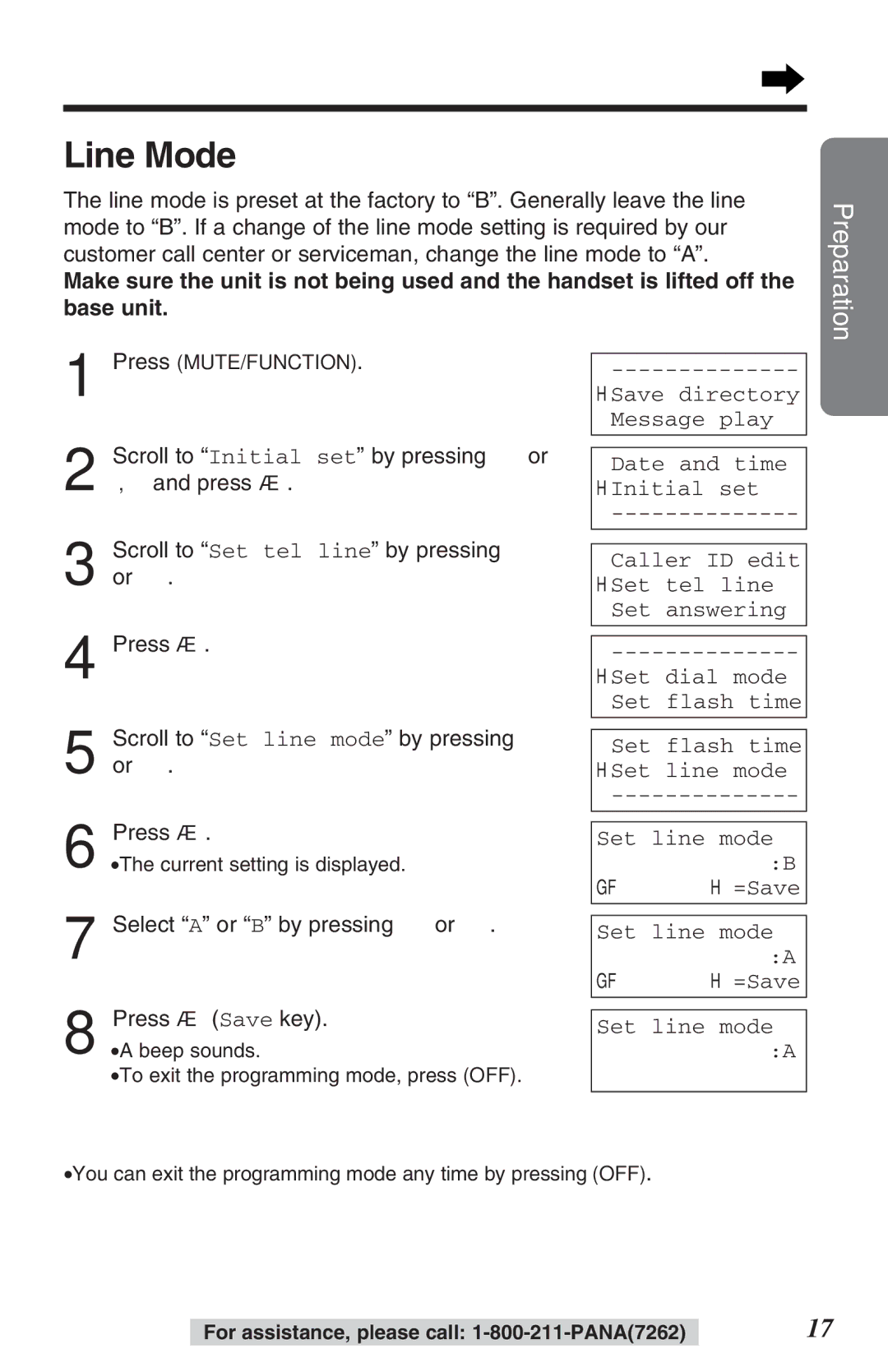 Panasonic TG2382PW operating instructions Line Mode, Select a or B by pressing Ö or Ñ Press á Save key 