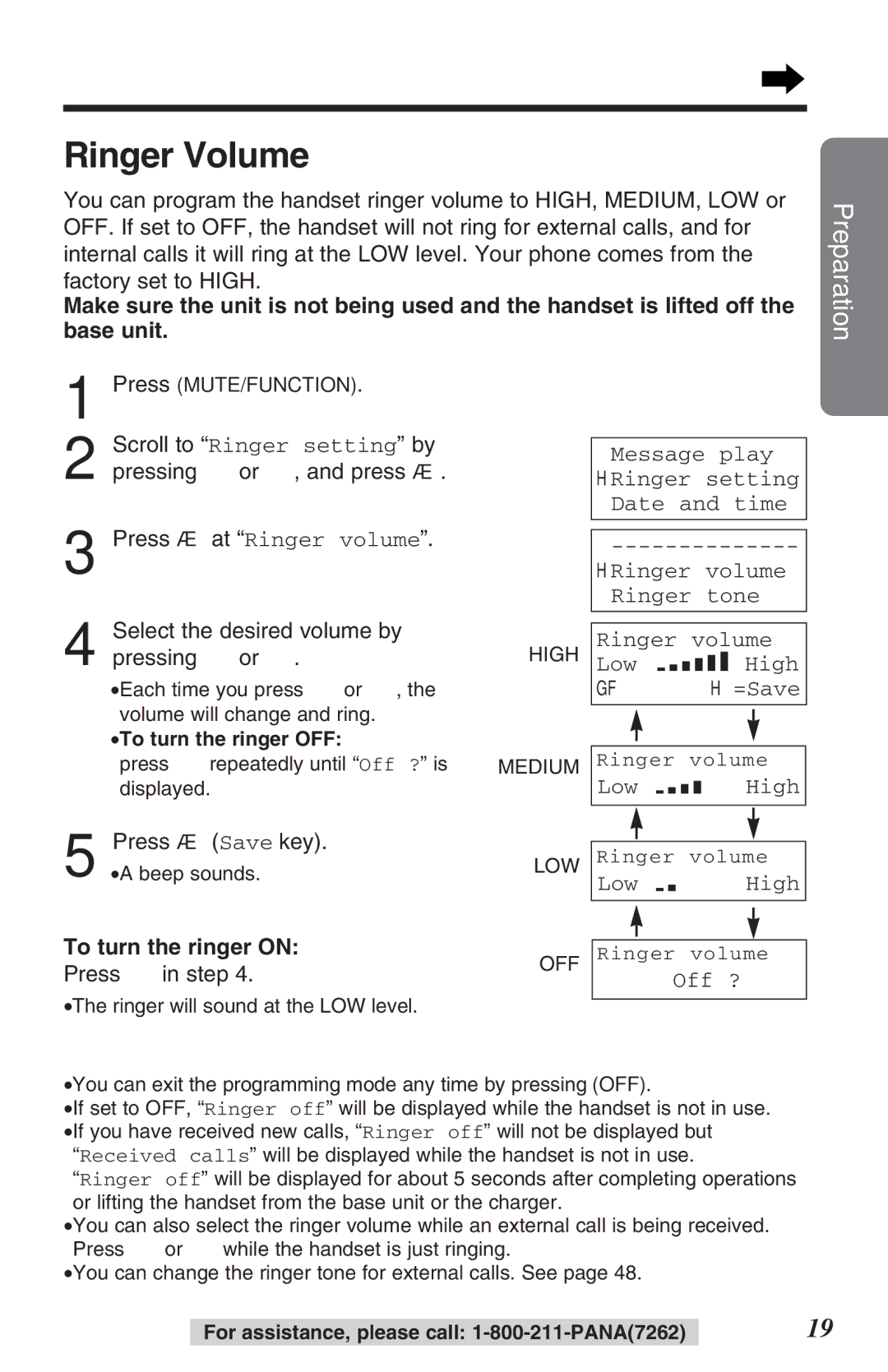 Panasonic TG2382PW Ringer Volume, Scroll to Ringer setting by pressing Ö or Ñ, and press á, To turn the ringer on 