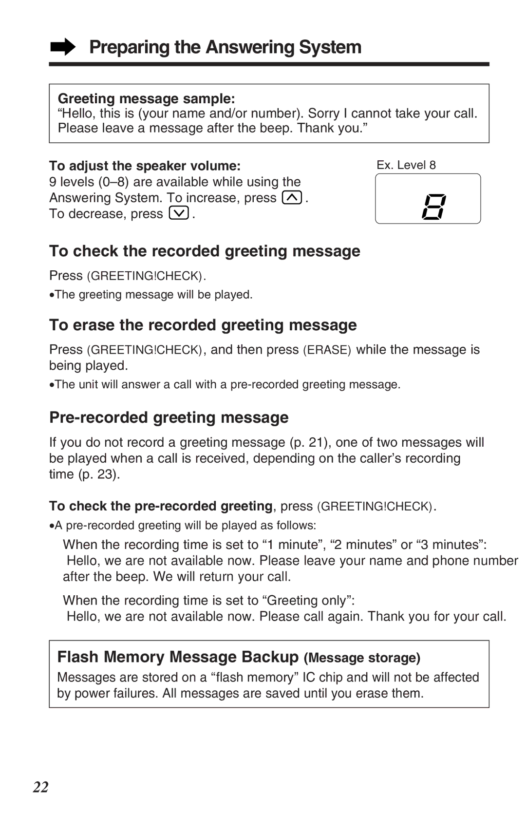 Panasonic TG2382PW Preparing the Answering System, To check the recorded greeting message, Pre-recorded greeting message 