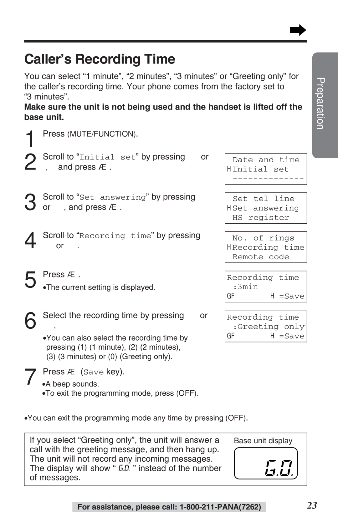 Panasonic TG2382PW operating instructions Caller’s Recording Time, Select the recording time by pressing Ö or 