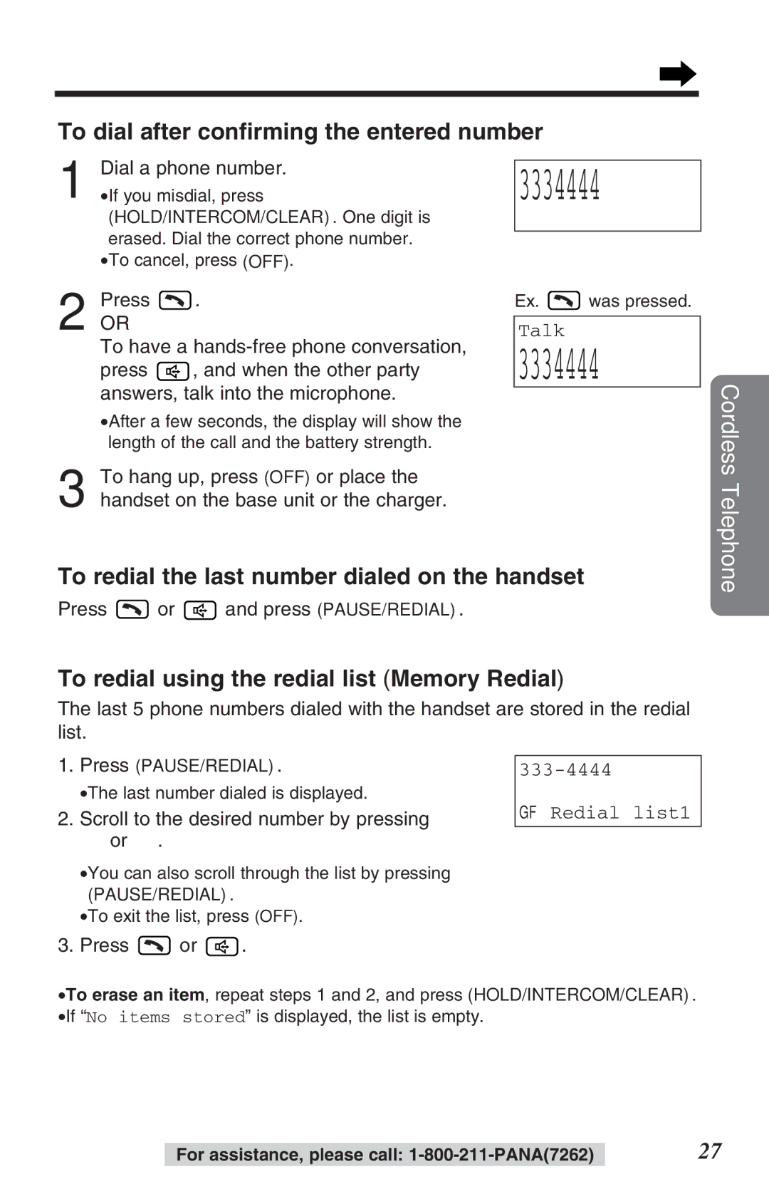 Panasonic TG2382PW To dial after conﬁrming the entered number, To redial the last number dialed on the handset 