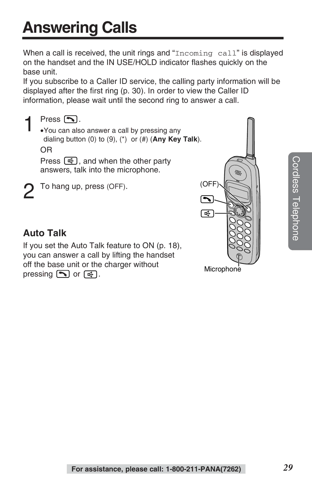 Panasonic TG2382PW operating instructions Answering Calls, Auto Talk, Pressing 