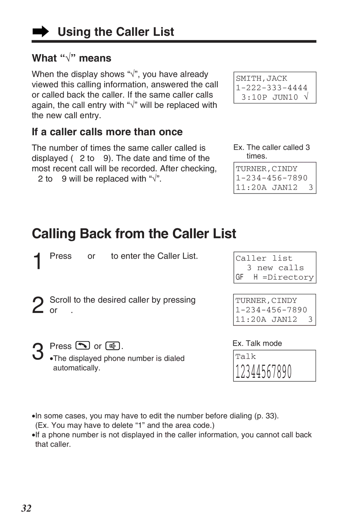 Panasonic TG2382PW operating instructions Calling Back from the Caller List, Using the Caller List, What √ means 