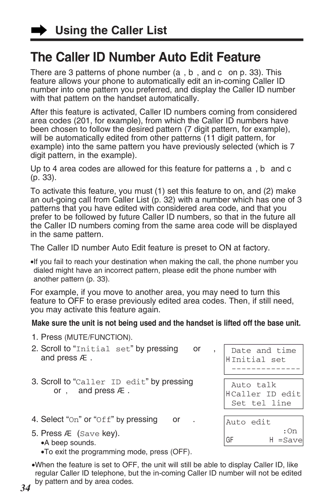 Panasonic TG2382PW Caller ID Number Auto Edit Feature, Scroll to Caller ID edit by pressing Ö or Ñ, and press á 