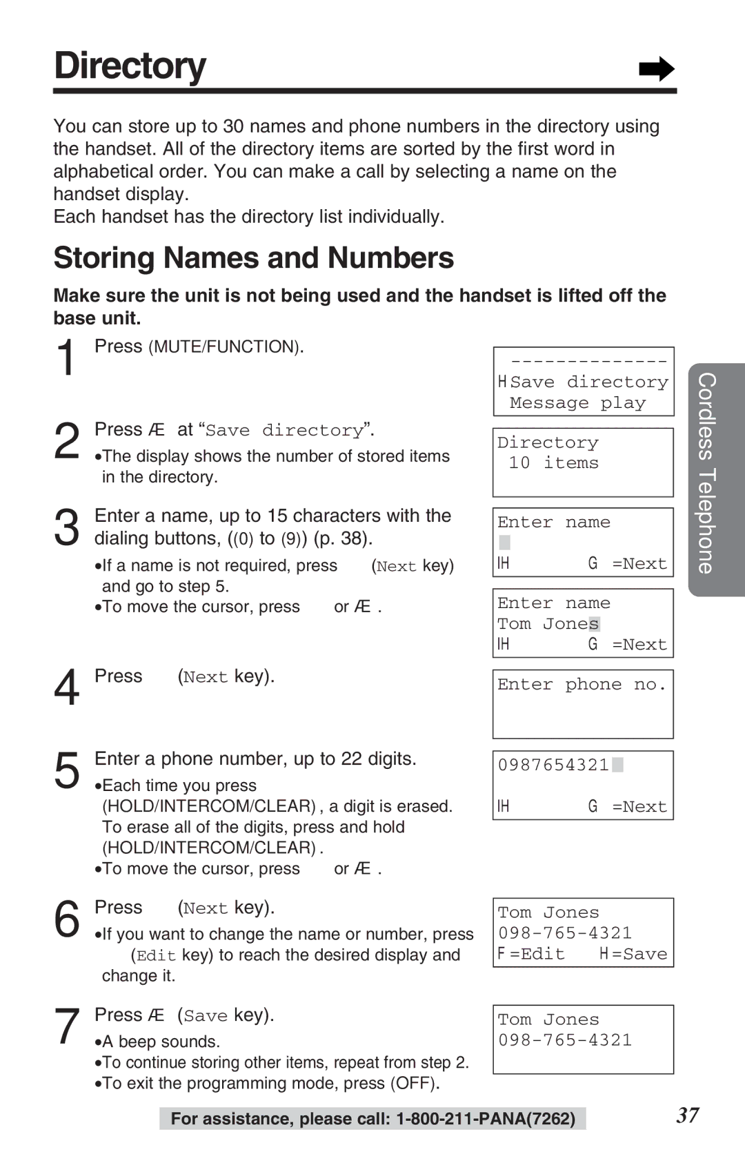 Panasonic TG2382PW Directory, Storing Names and Numbers, Press Ö Next key Enter a phone number, up to 22 digits 