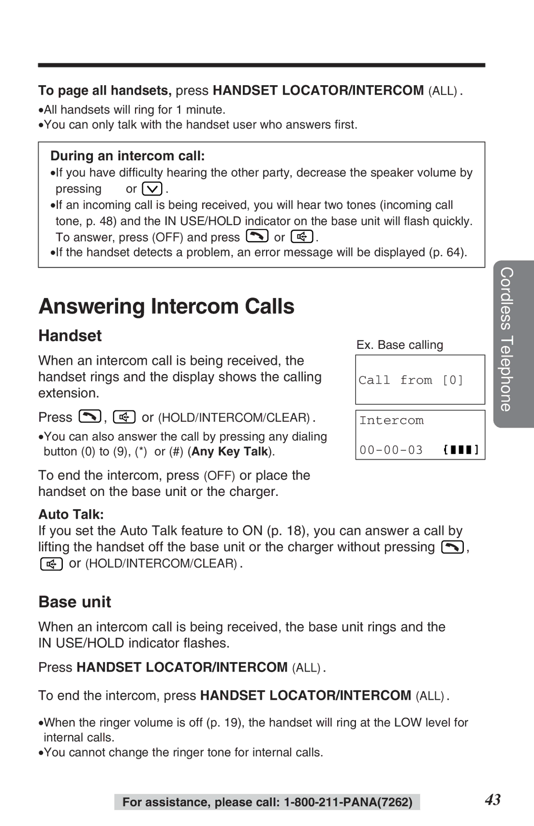 Panasonic TG2382PW Answering Intercom Calls, To page all handsets, press Handset LOCATOR/INTERCOM ALL, Auto Talk 