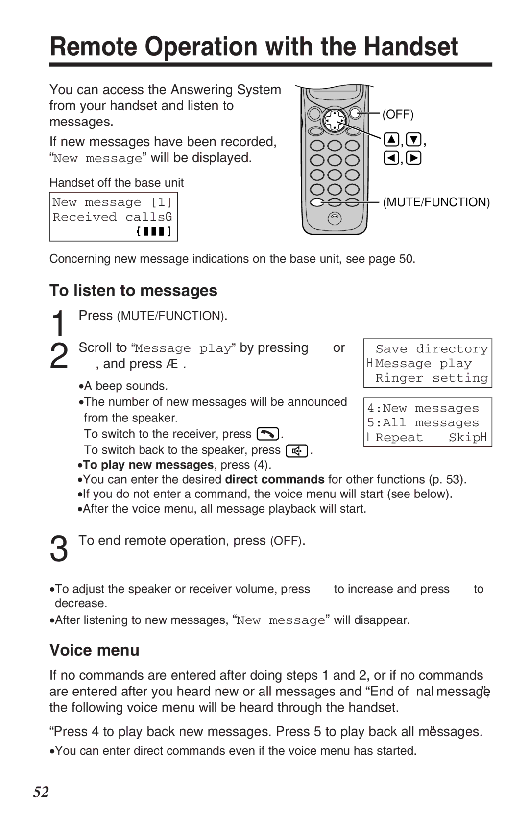 Panasonic TG2382PW operating instructions Remote Operation with the Handset, To listen to messages, Voice menu 