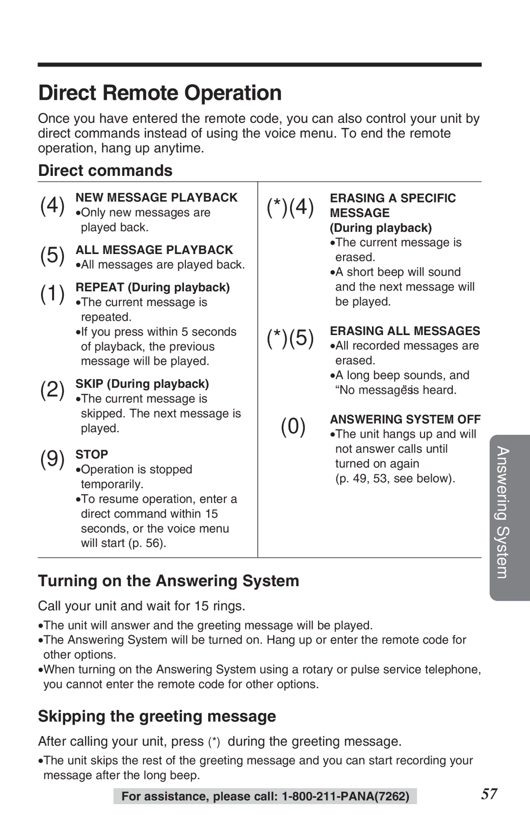 Panasonic TG2382PW Direct Remote Operation, Turning on the Answering System, Skipping the greeting message 