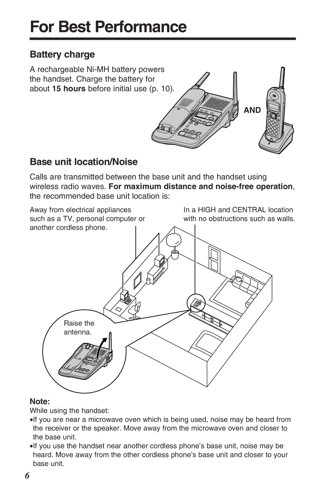 Panasonic TG2382PW operating instructions For Best Performance, Battery charge, Base unit location/Noise 