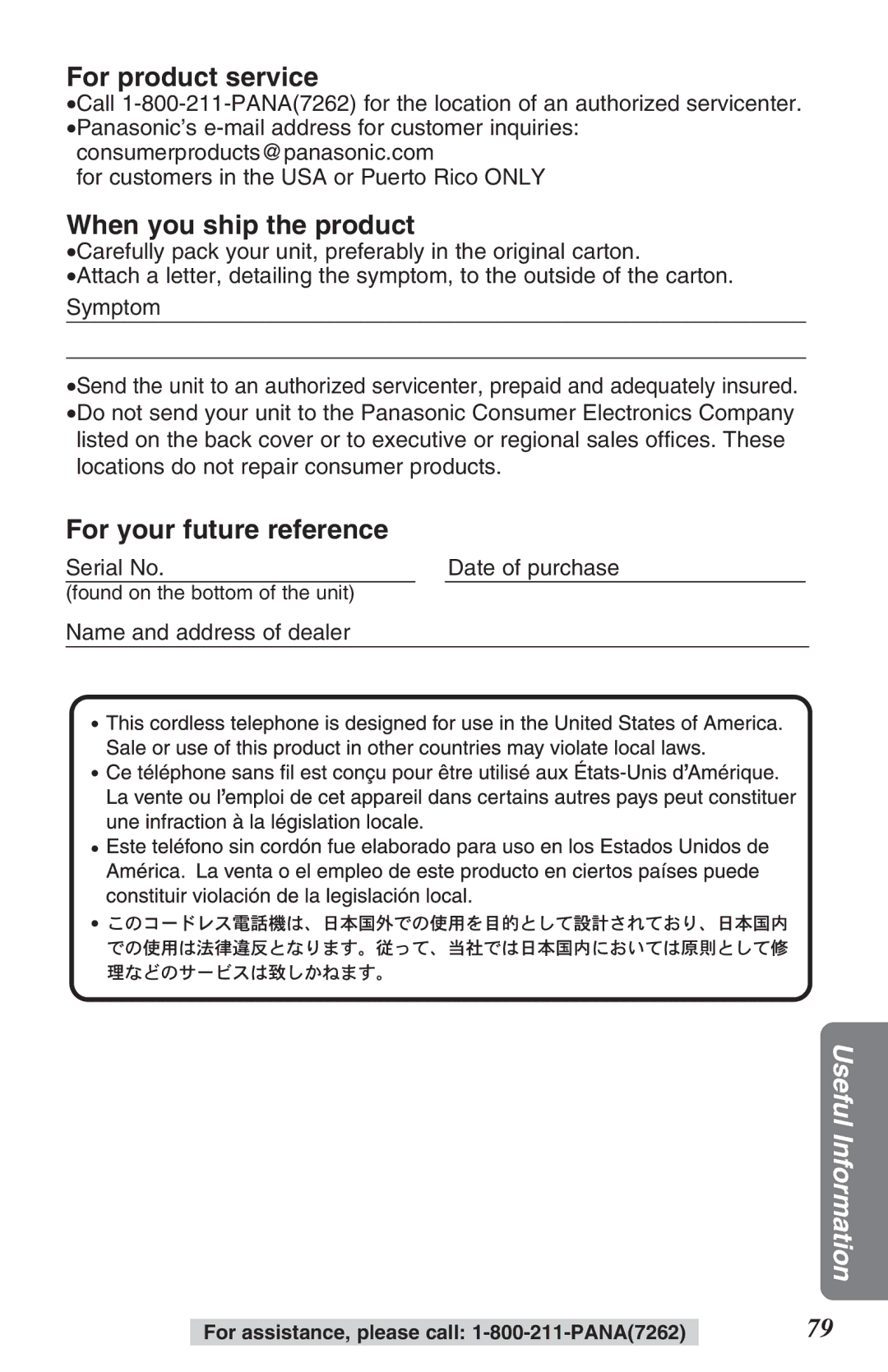 Panasonic TG2382PW For product service, When you ship the product, For your future reference, Serial No Date of purchase 