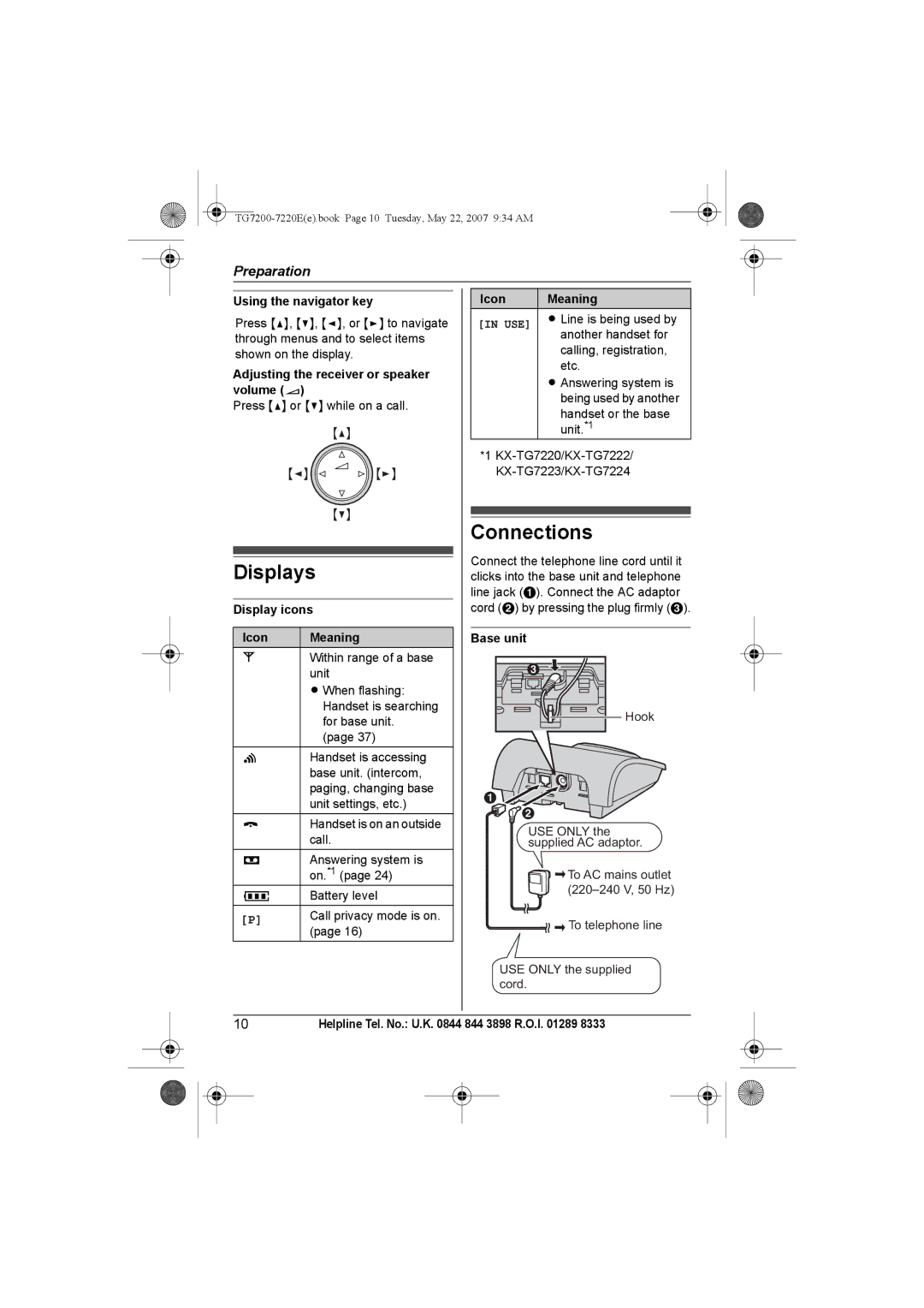 Panasonic TG7200-7220E operating instructions Displays, Connections 