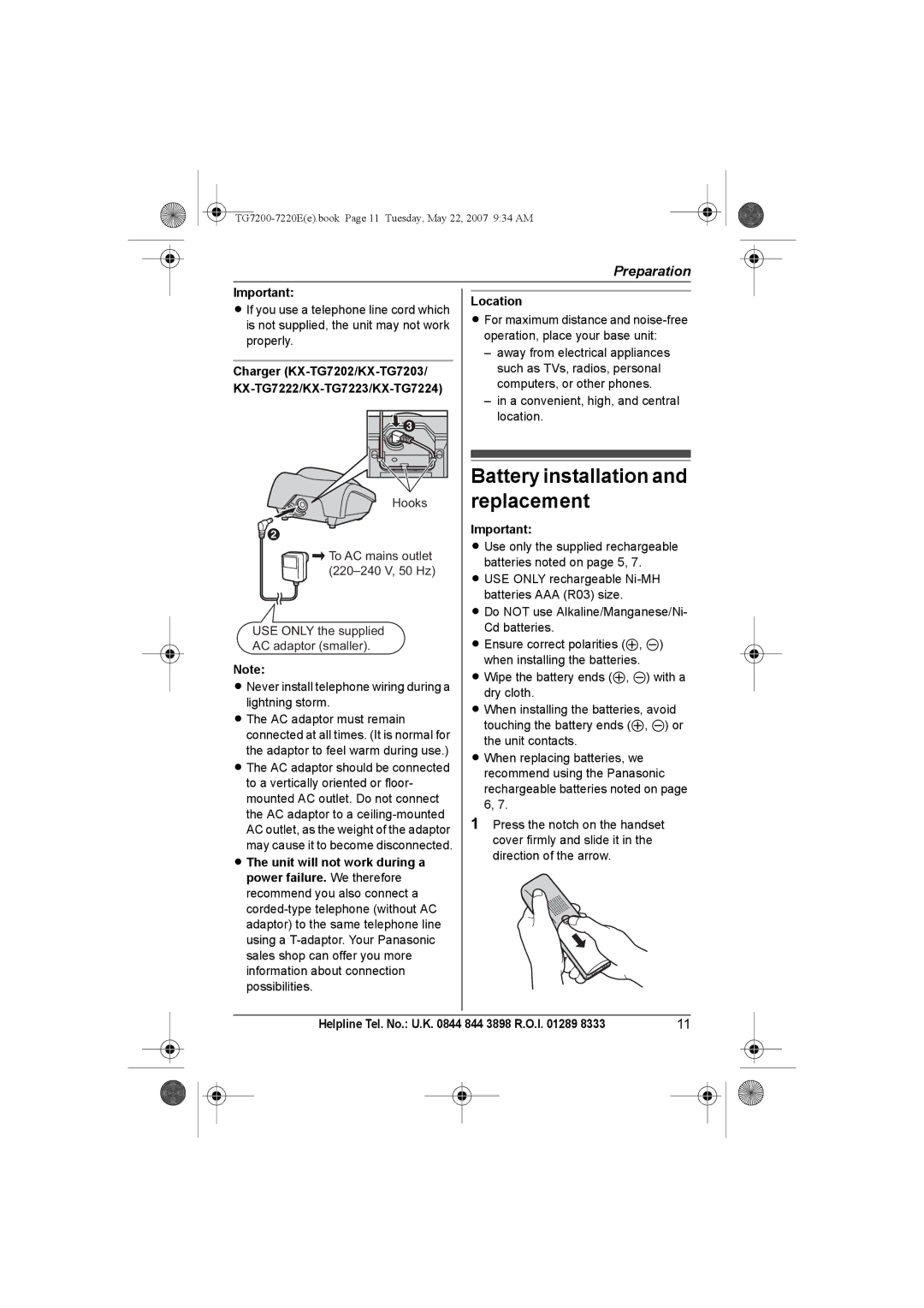 Panasonic TG7200-7220E Battery installation and replacement, Charger KX-TG7202/KX-TG7203/ KX-TG7222/KX-TG7223/KX-TG7224 