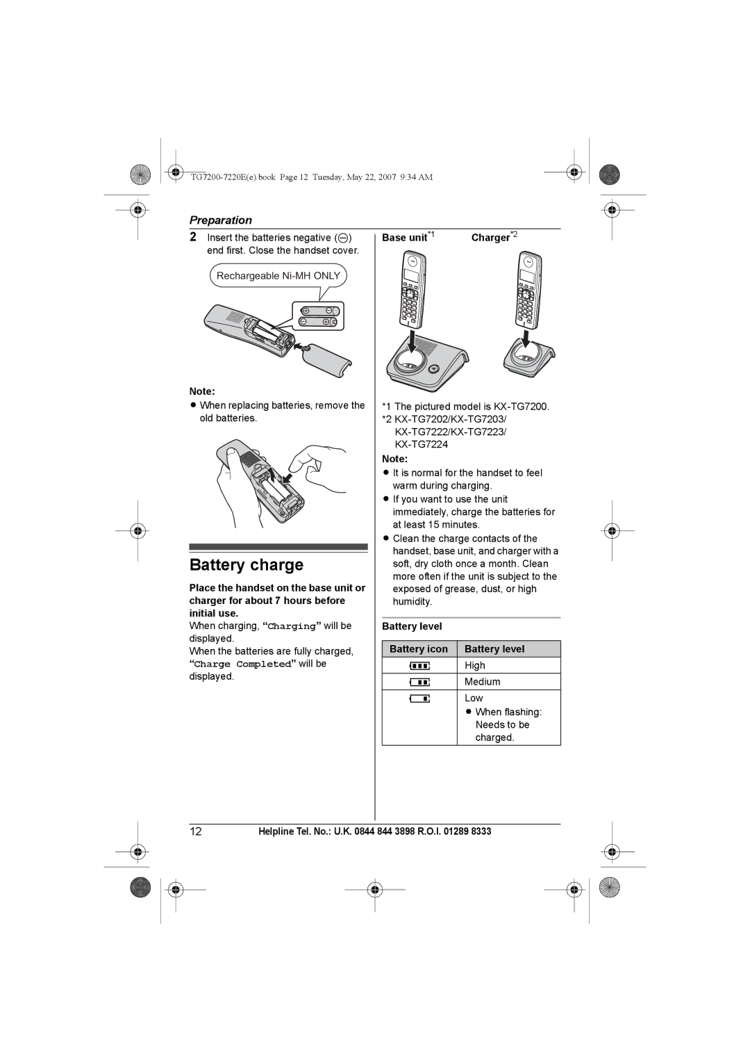 Panasonic TG7200-7220E operating instructions Battery charge, Base unit*1, Battery level Battery icon 