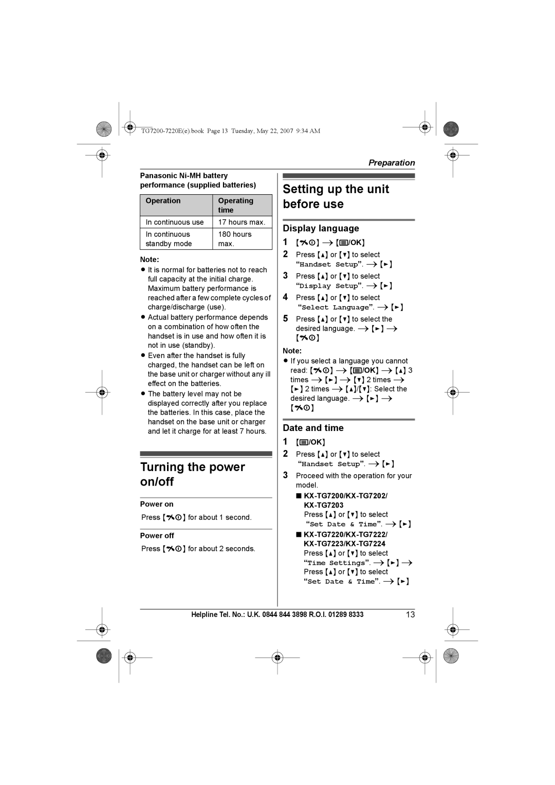 Panasonic TG7200-7220E Turning the power on/off, Setting up the unit before use, Display language, Date and time 