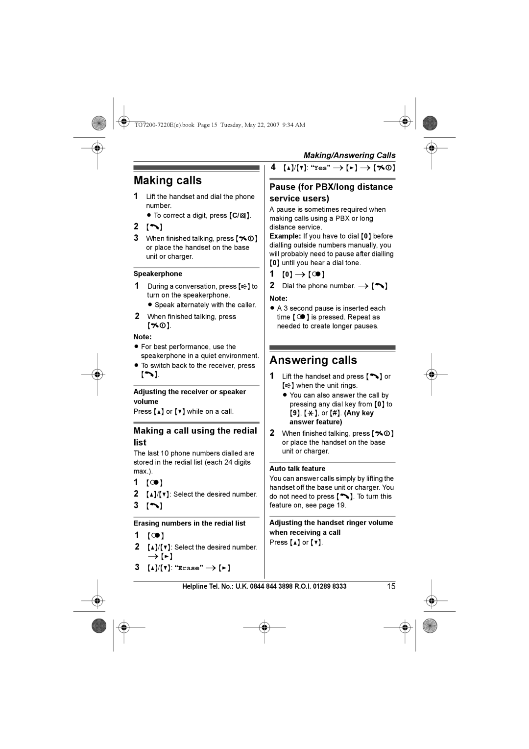 Panasonic TG7200-7220E operating instructions Making calls, Answering calls, Making a call using the redial list 