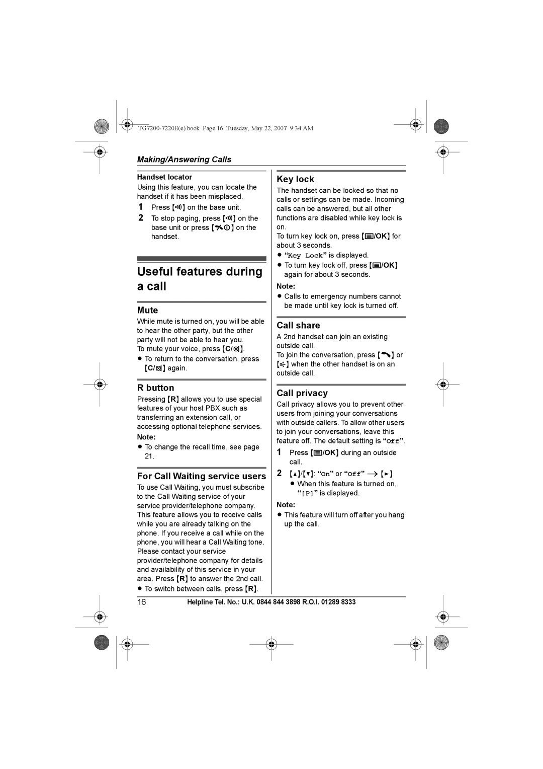 Panasonic TG7200-7220E operating instructions Useful features during a call 