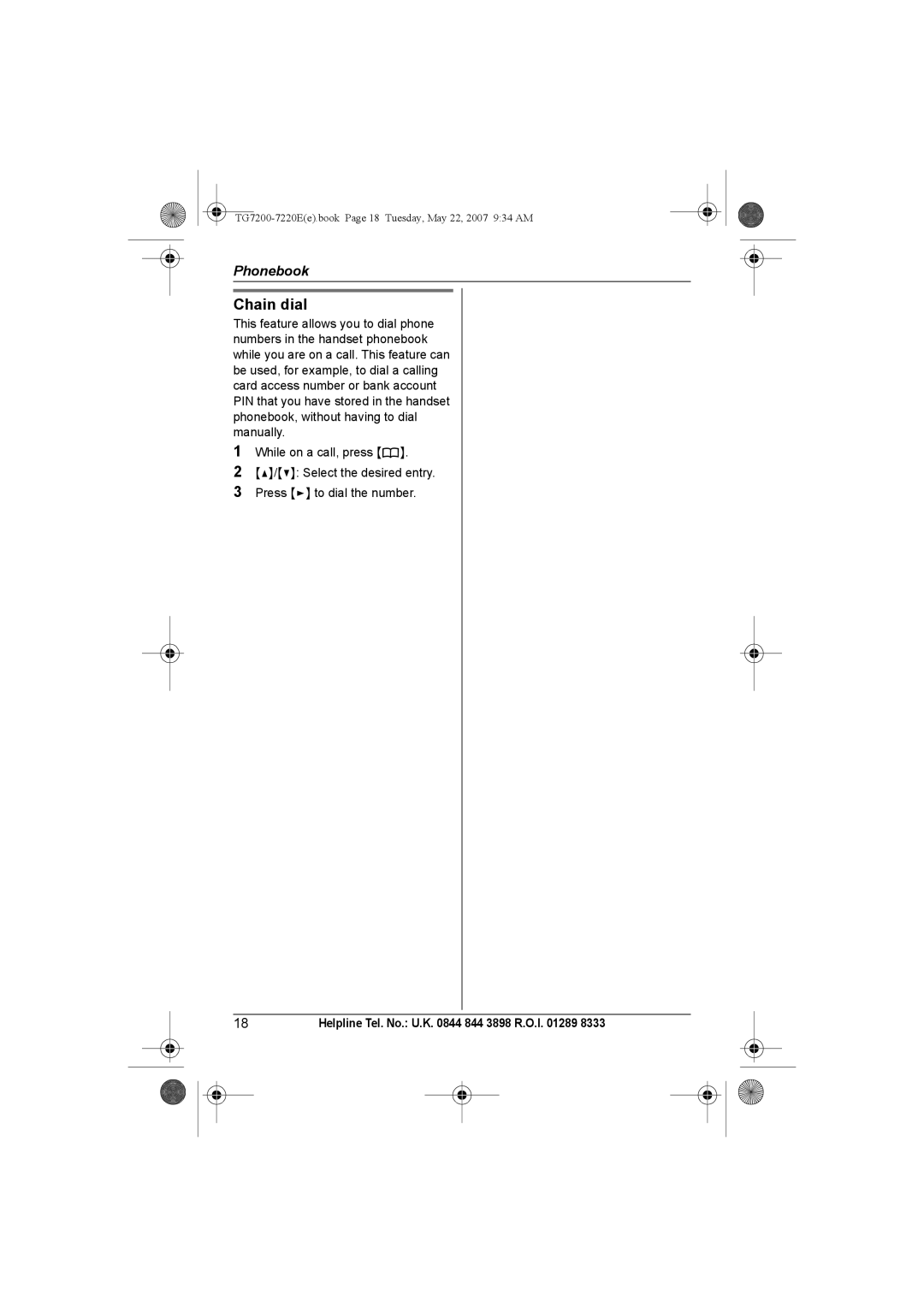 Panasonic TG7200-7220E operating instructions Chain dial 