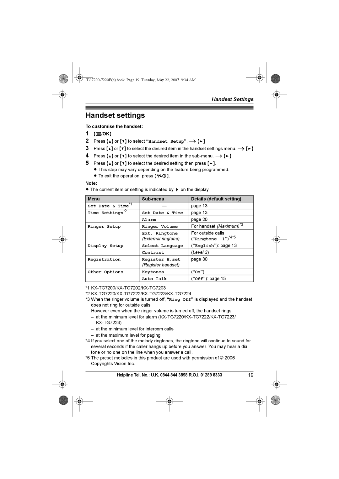 Panasonic TG7200-7220E operating instructions Handset settings 