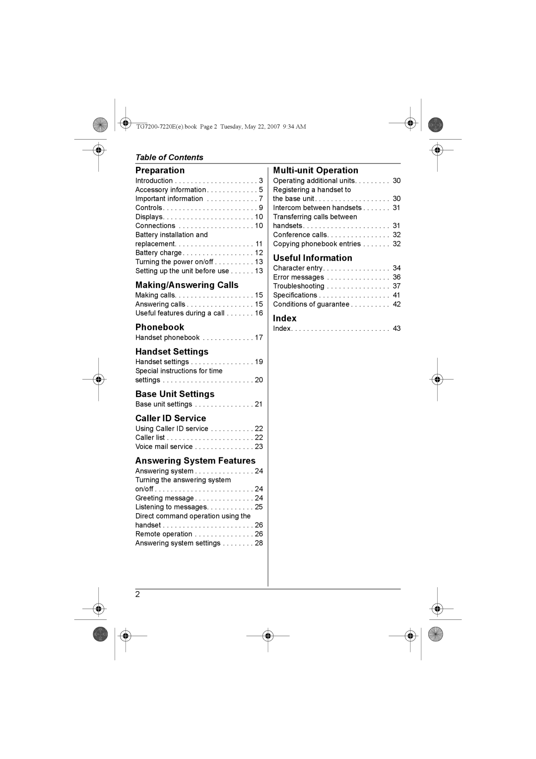 Panasonic TG7200-7220E Preparation, Making/Answering Calls, Phonebook, Handset Settings, Base Unit Settings, Index 