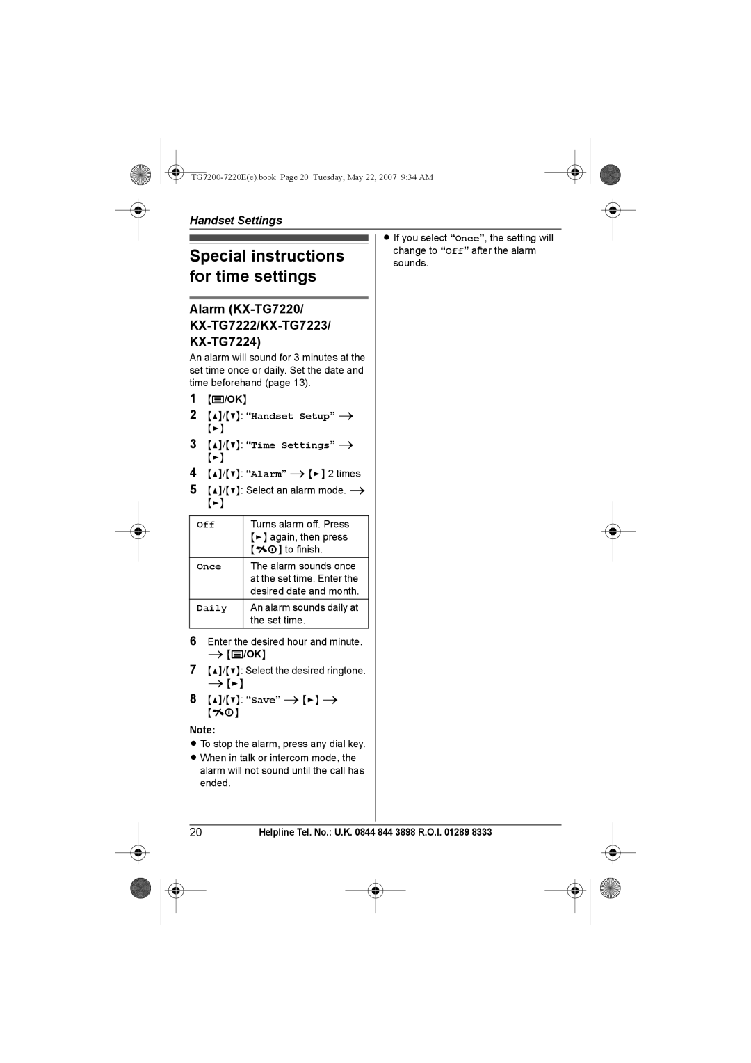 Panasonic TG7200-7220E Special instructions for time settings, Alarm KX-TG7220/ KX-TG7222/KX-TG7223/ KX-TG7224 