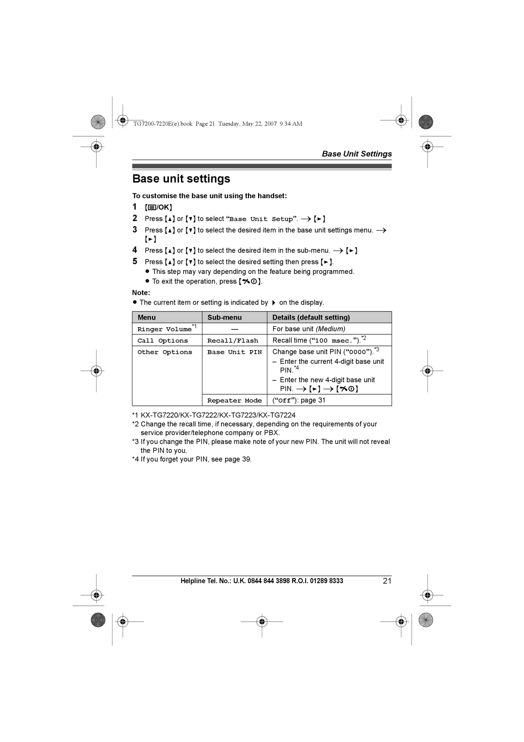 Panasonic TG7200-7220E Base unit settings, To customise the base unit using the handset, Call Options Recall/Flash 