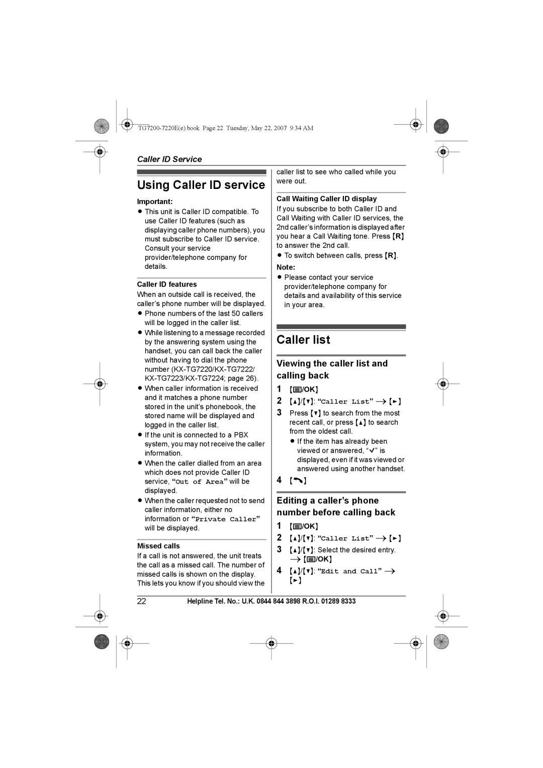 Panasonic TG7200-7220E Using Caller ID service, Caller list, Viewing the caller list and calling back, Edit and Call 