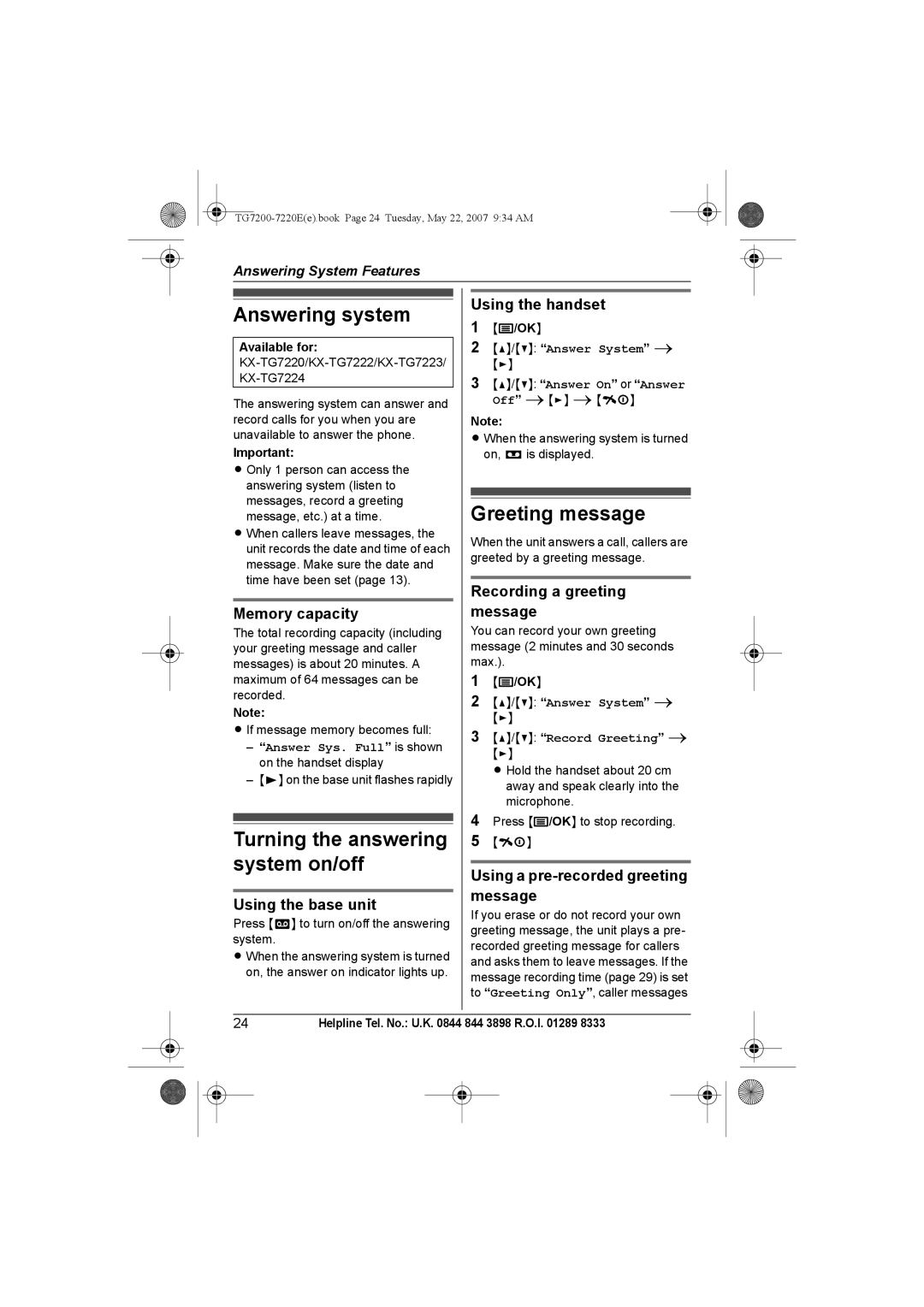 Panasonic TG7200-7220E operating instructions Answering system, Turning the answering system on/off, Greeting message 