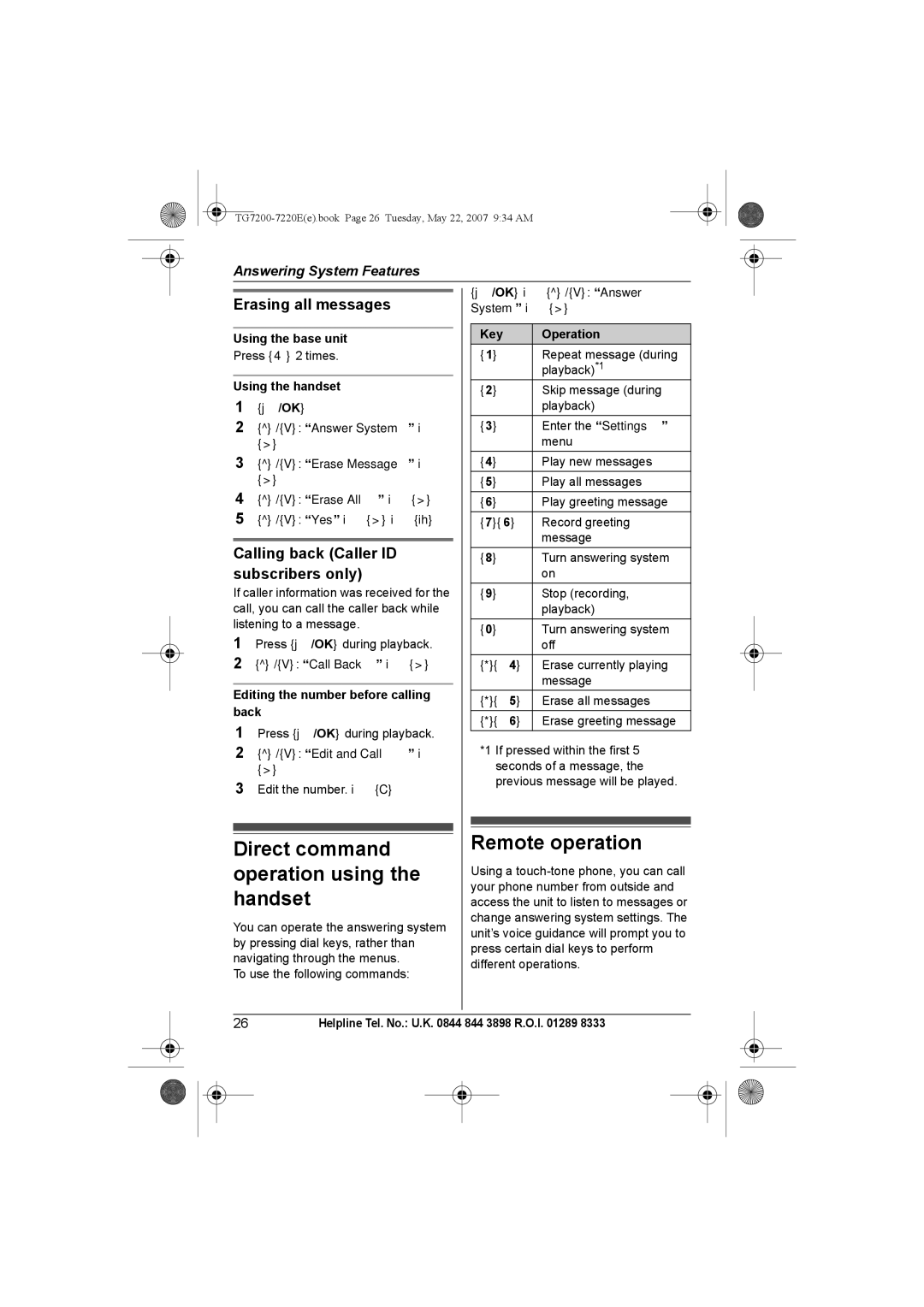 Panasonic TG7200-7220E Direct command operation using the handset, Remote operation, Erasing all messages 