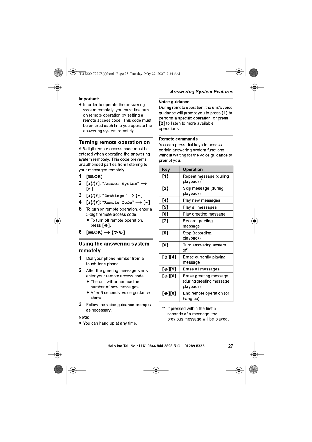 Panasonic TG7200-7220E Turning remote operation on, Using the answering system remotely, Voice guidance, Remote commands 