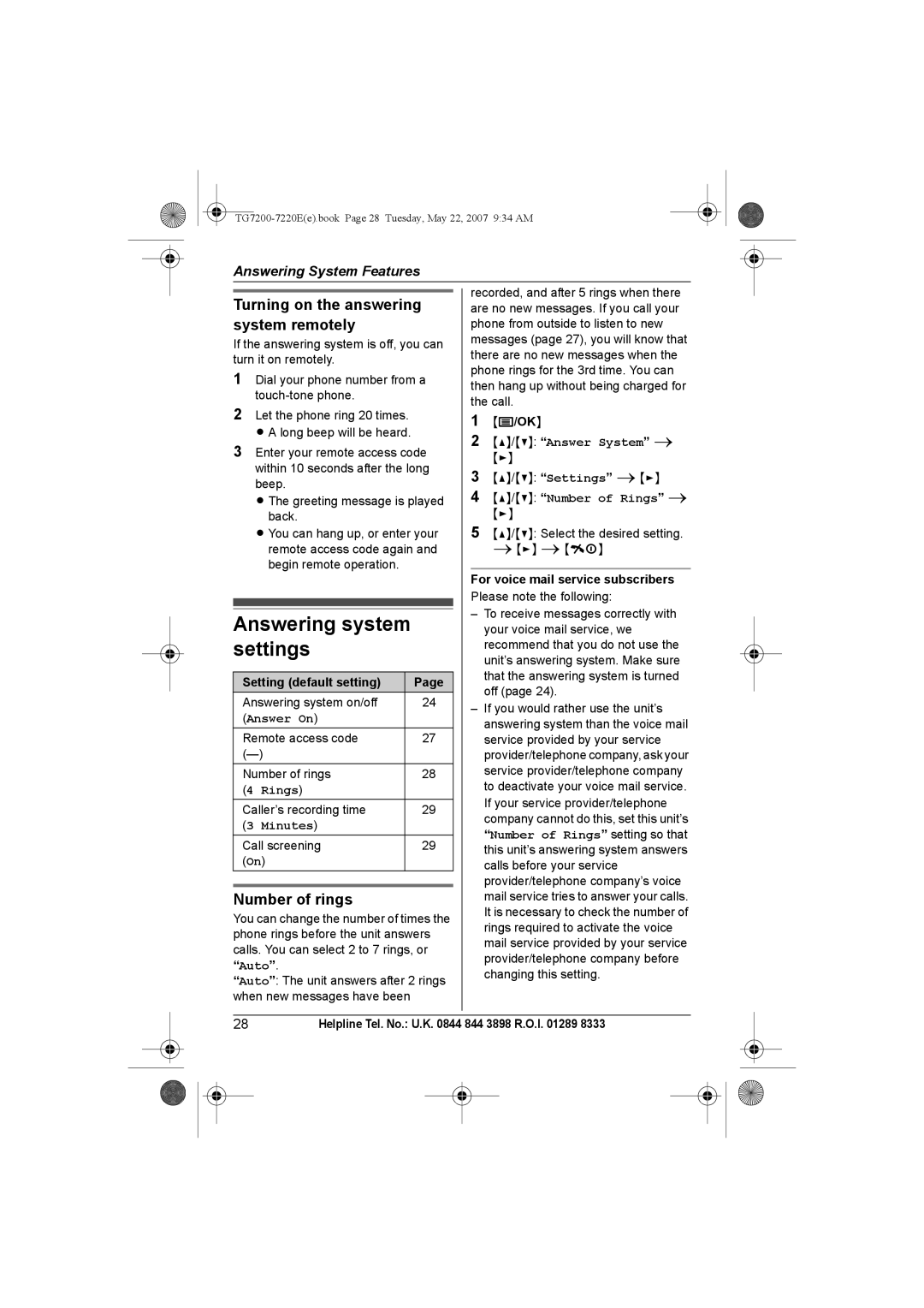 Panasonic TG7200-7220E Answering system settings, Turning on the answering system remotely, Number of rings 