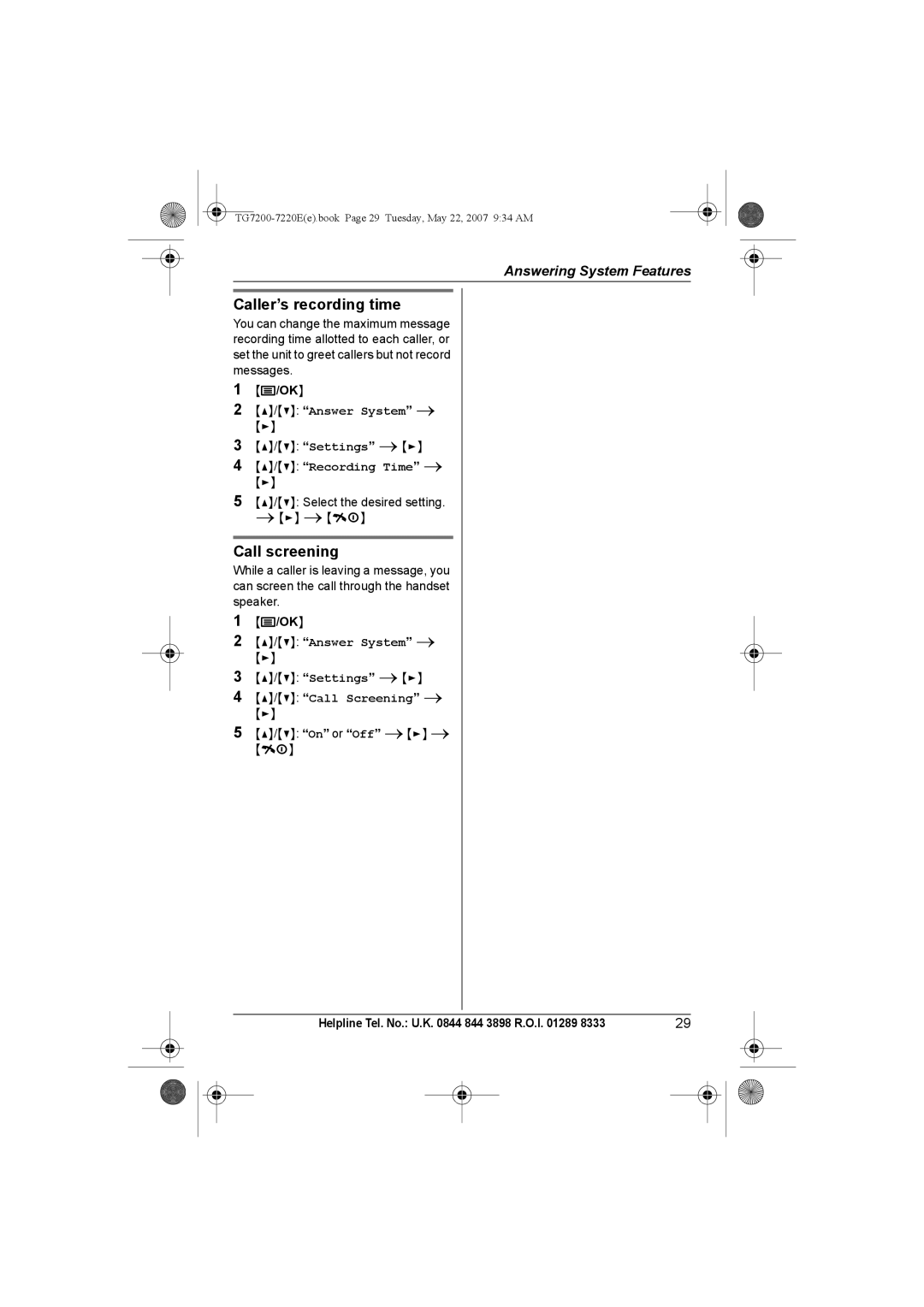 Panasonic TG7200-7220E operating instructions Caller’s recording time, Call screening, Recording Time, Call Screening 