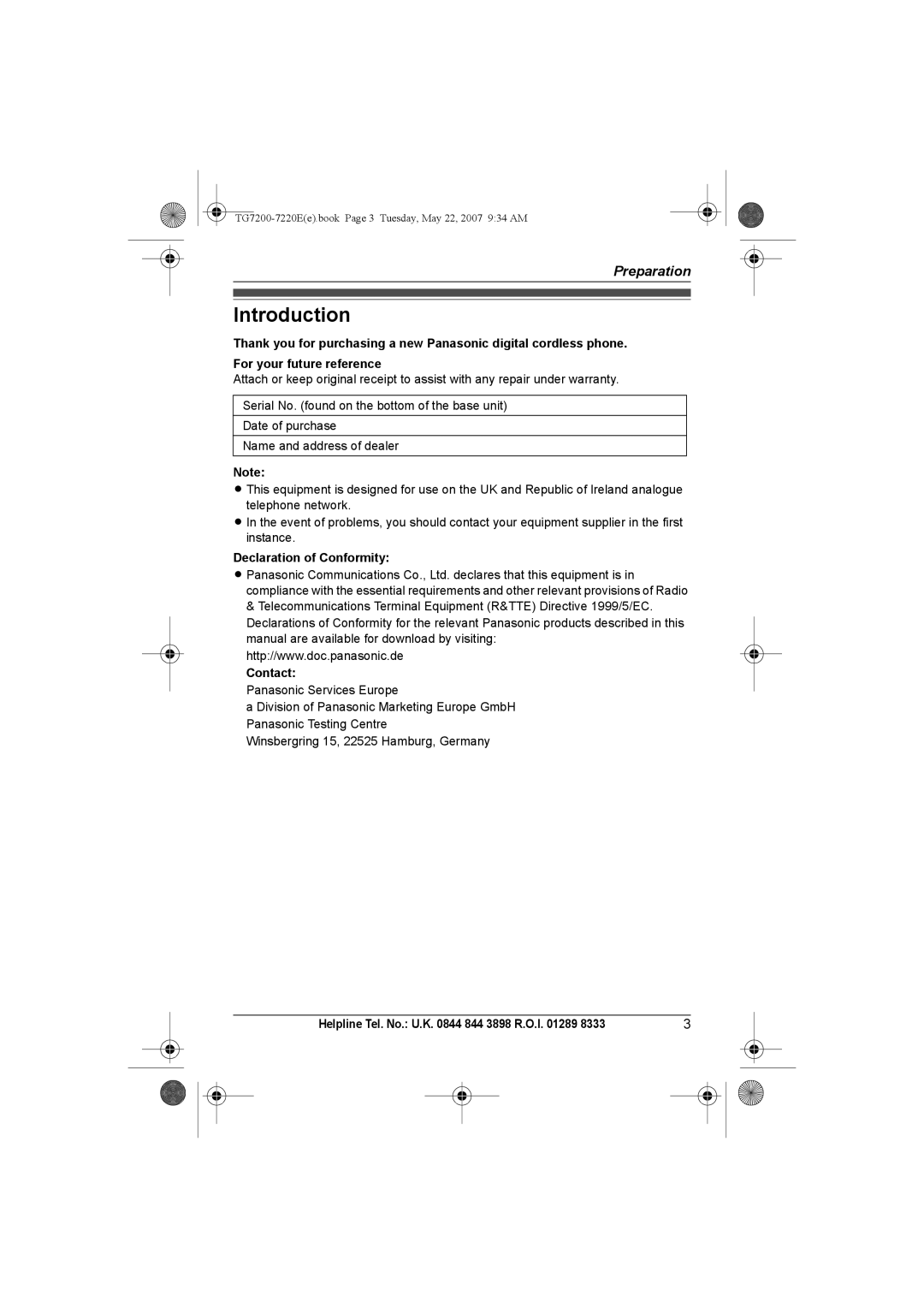 Panasonic TG7200-7220E Introduction, Declaration of Conformity Contact, Helpline Tel. No. U.K 844 3898 R.O.I 