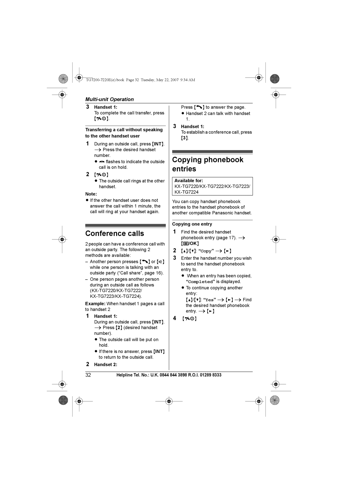 Panasonic TG7200-7220E operating instructions Copying phonebook, Entries, Conference calls 