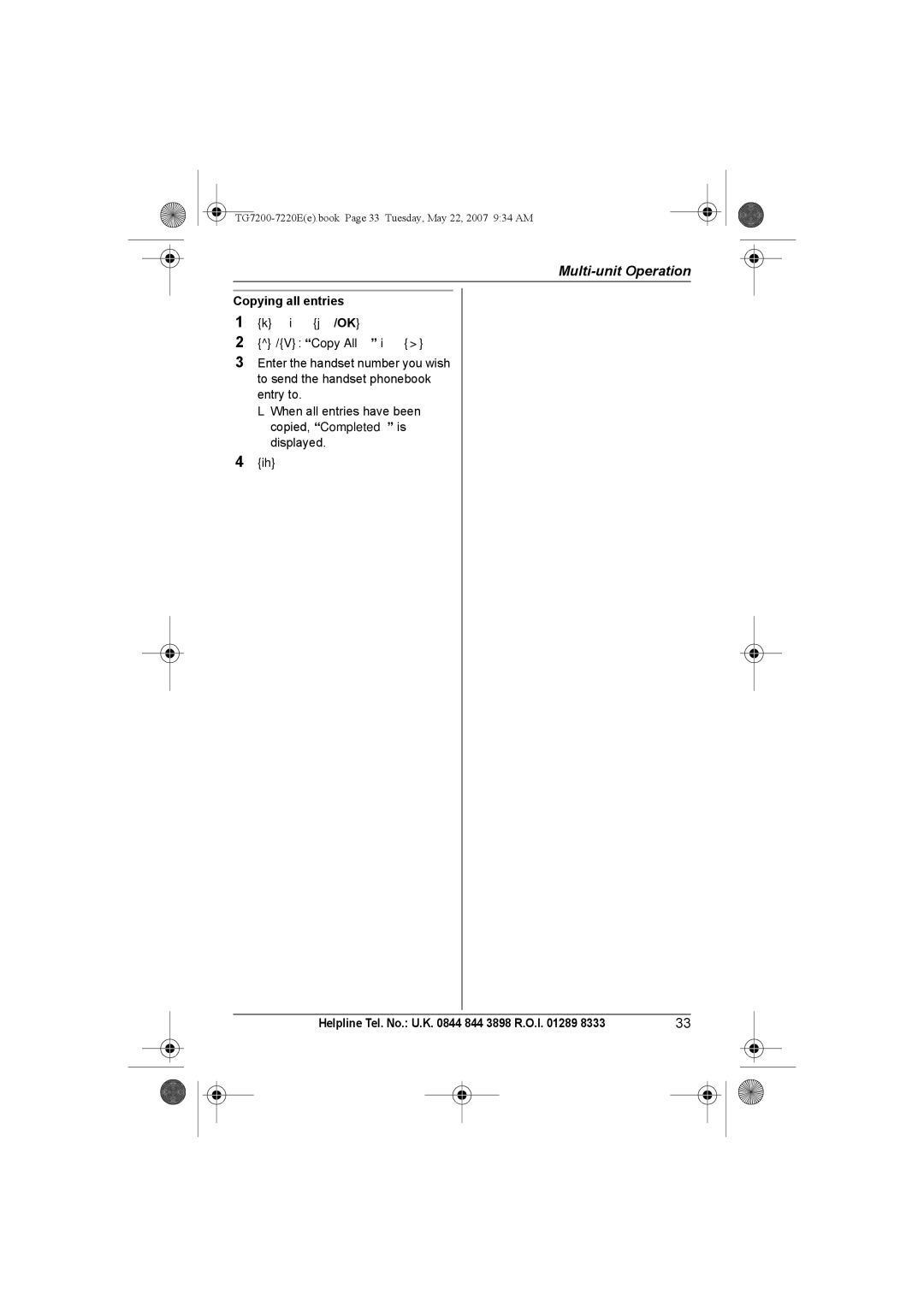 Panasonic TG7200-7220E operating instructions Copying all entries 