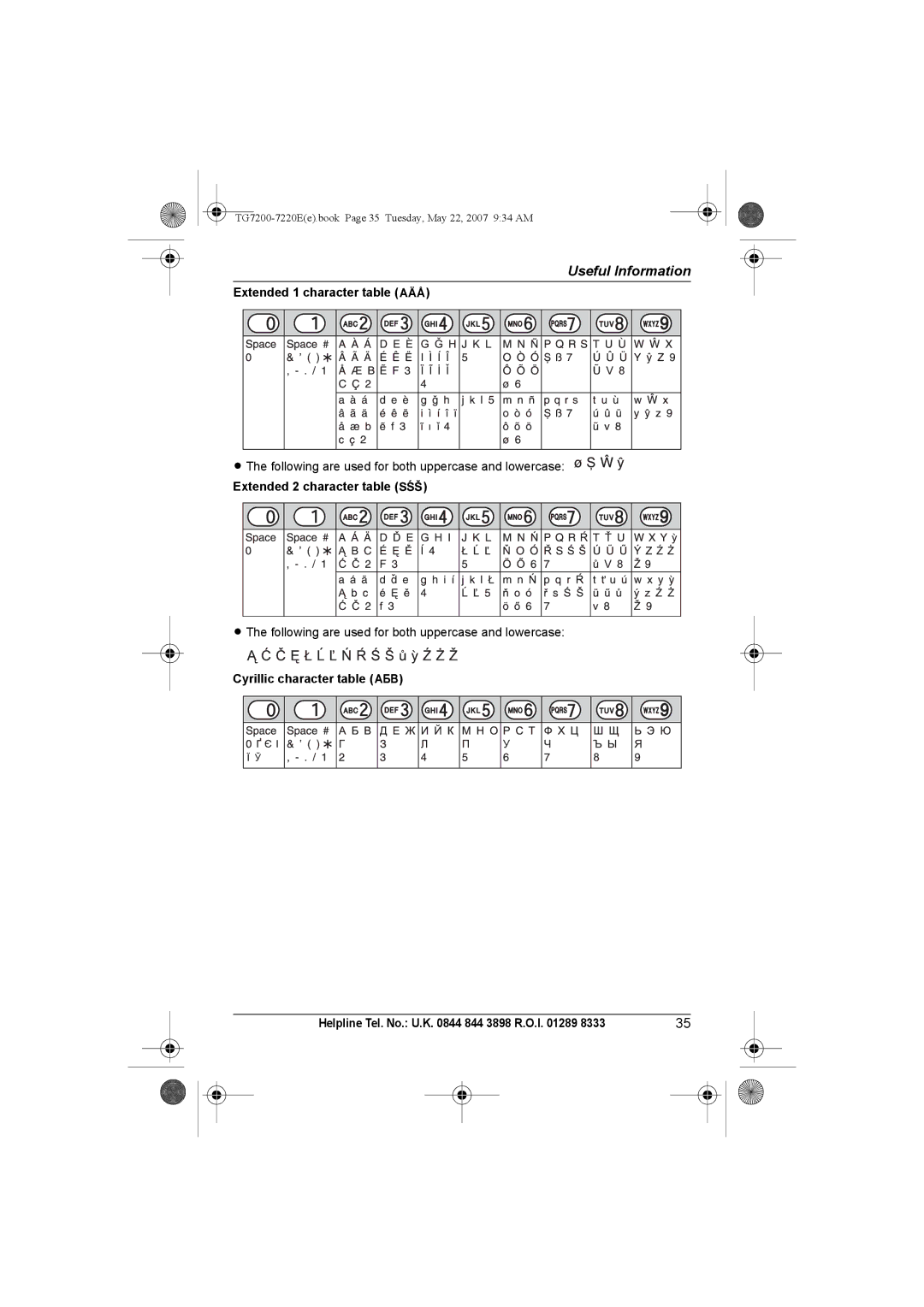 Panasonic TG7200-7220E operating instructions Extended 1 character table N, Extended 2 character table O 