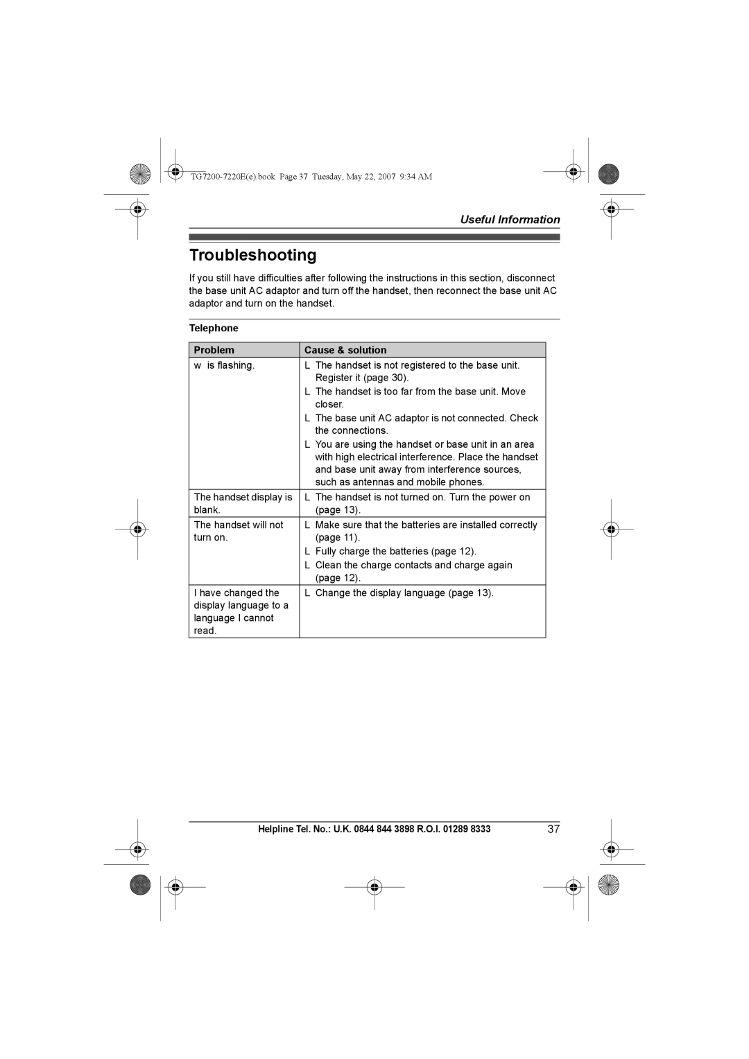 Panasonic TG7200-7220E operating instructions Troubleshooting, Telephone Problem Cause & solution 