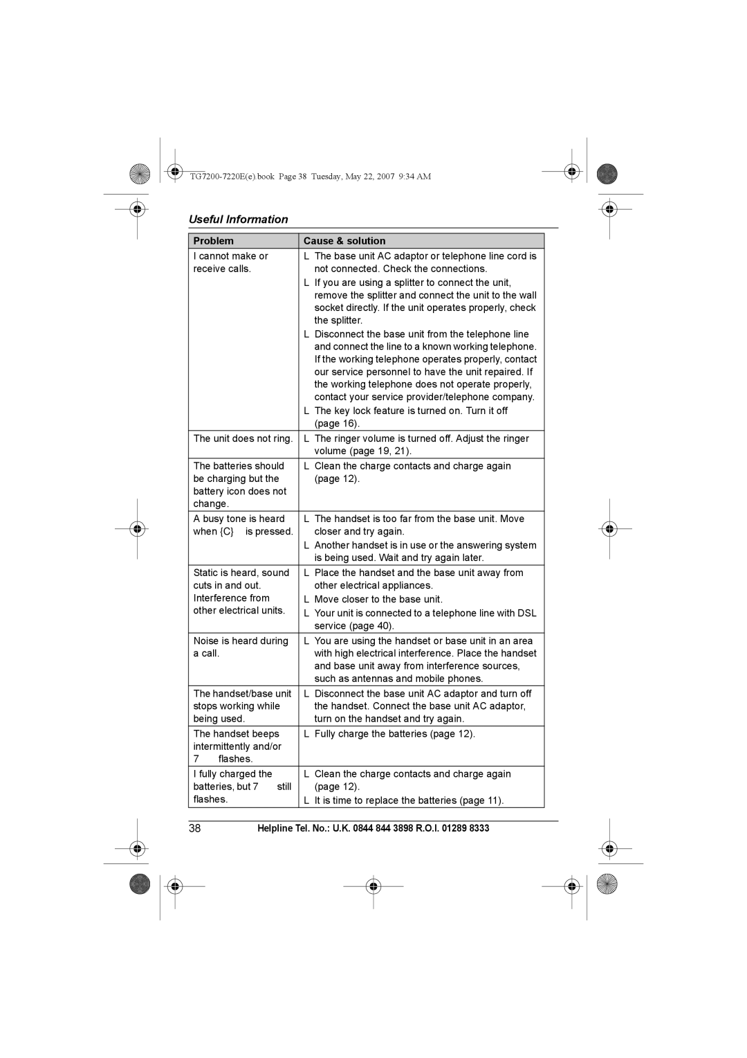 Panasonic TG7200-7220E operating instructions Problem Cause & solution 