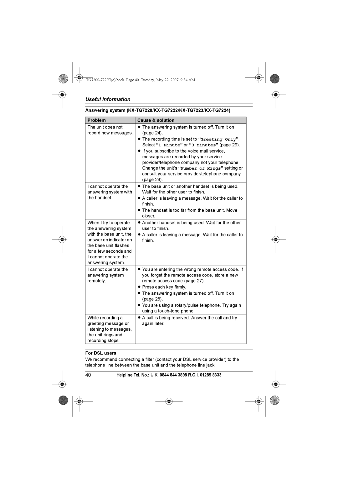 Panasonic TG7200-7220E operating instructions For DSL users 