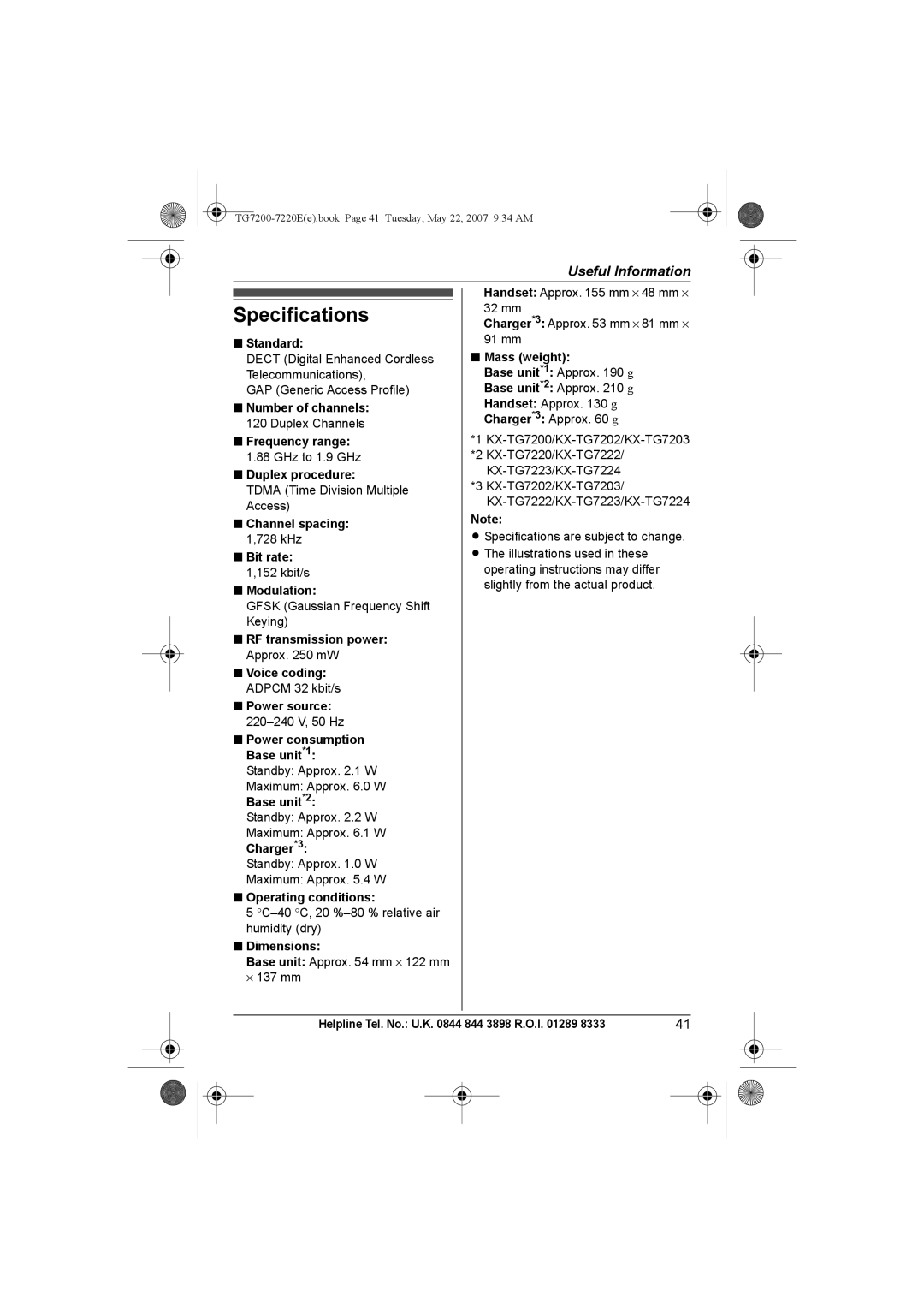 Panasonic TG7200-7220E operating instructions Specifications 