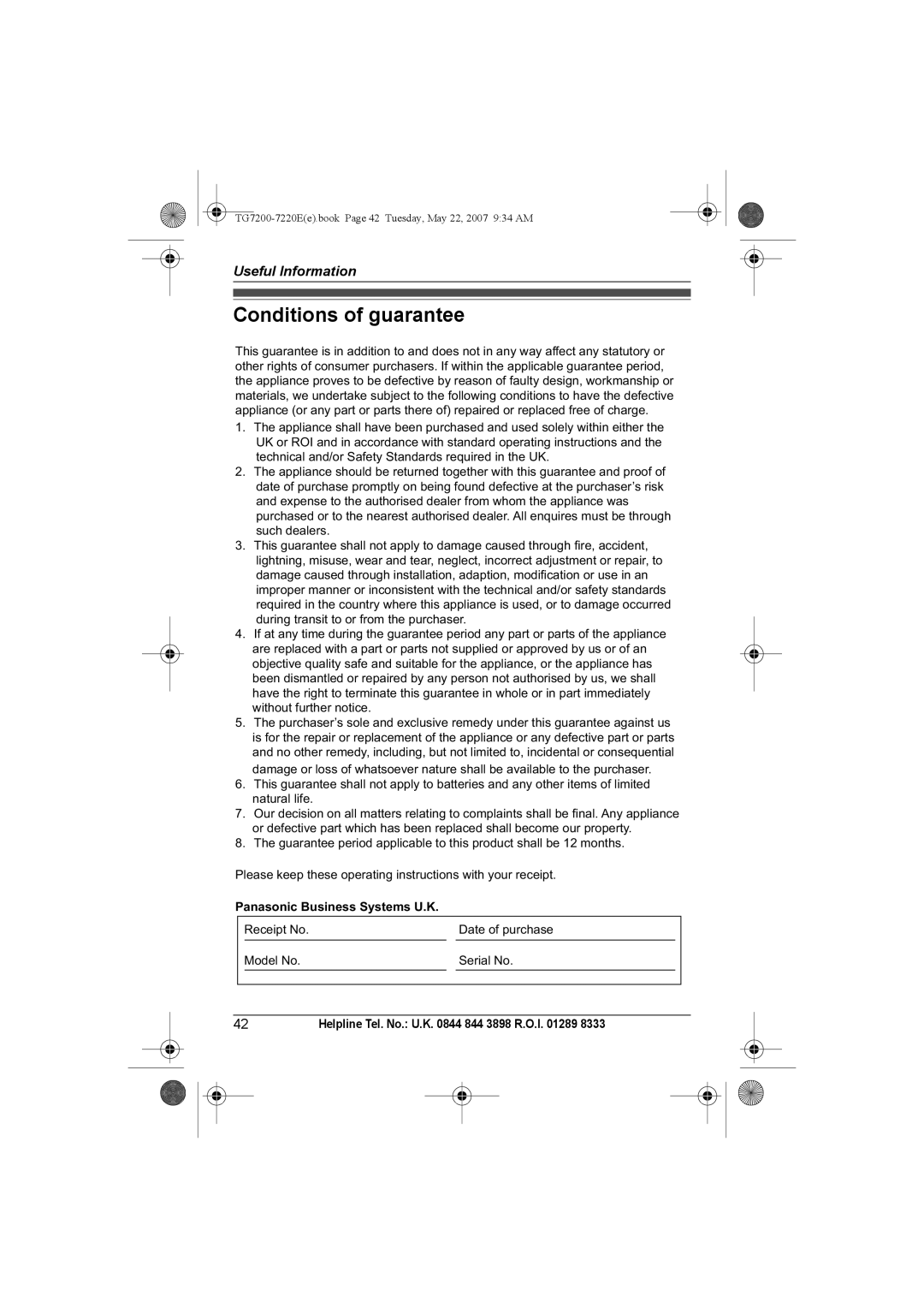 Panasonic TG7200-7220E operating instructions Conditions of guarantee, Panasonic Business Systems U.K 