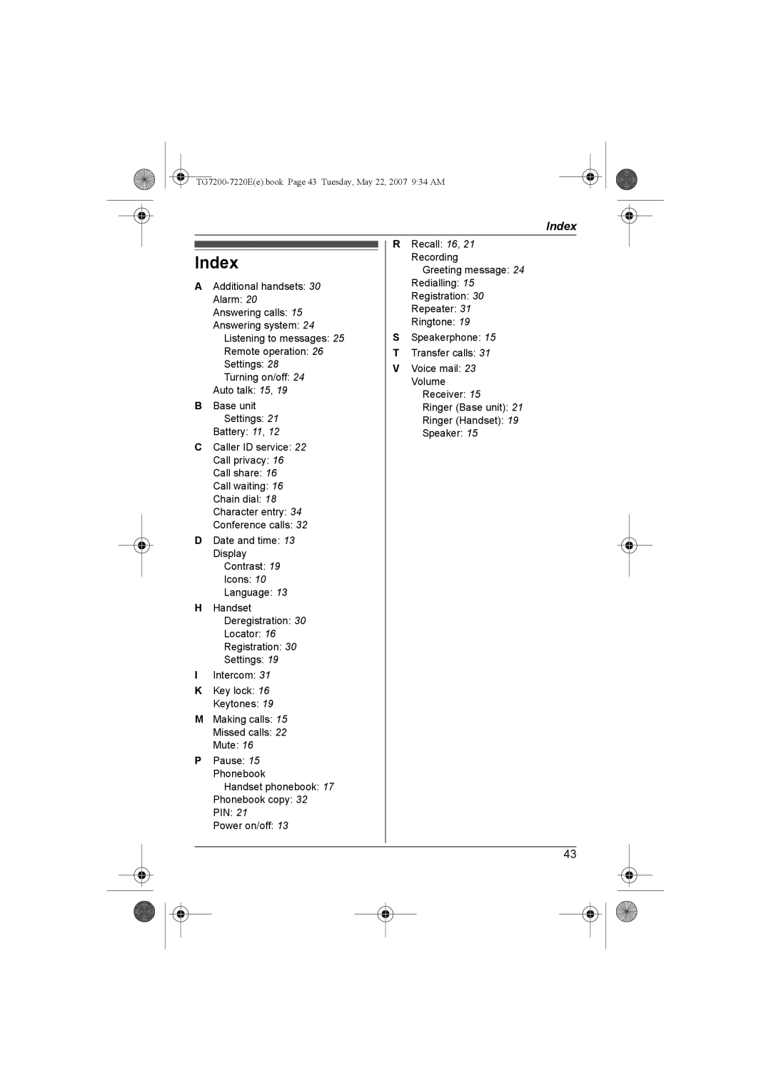 Panasonic TG7200-7220E operating instructions Index 