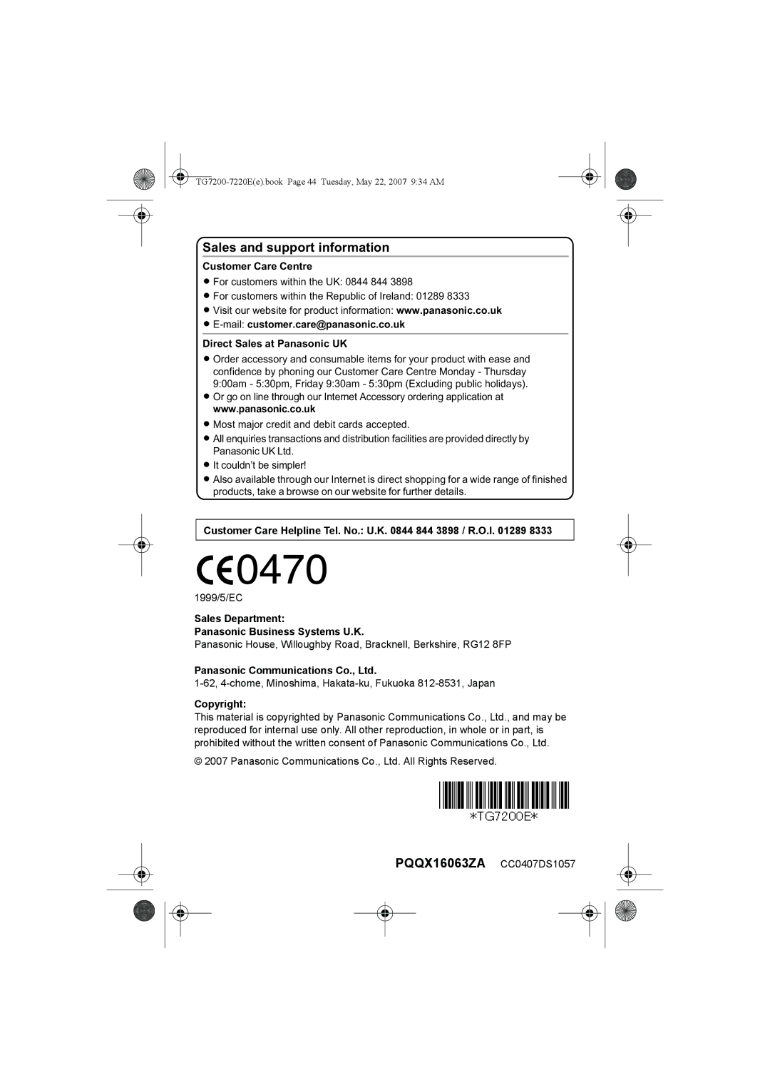 Panasonic TG7200-7220E operating instructions Sales and support information, PQQX16063ZA CC0407DS1057 