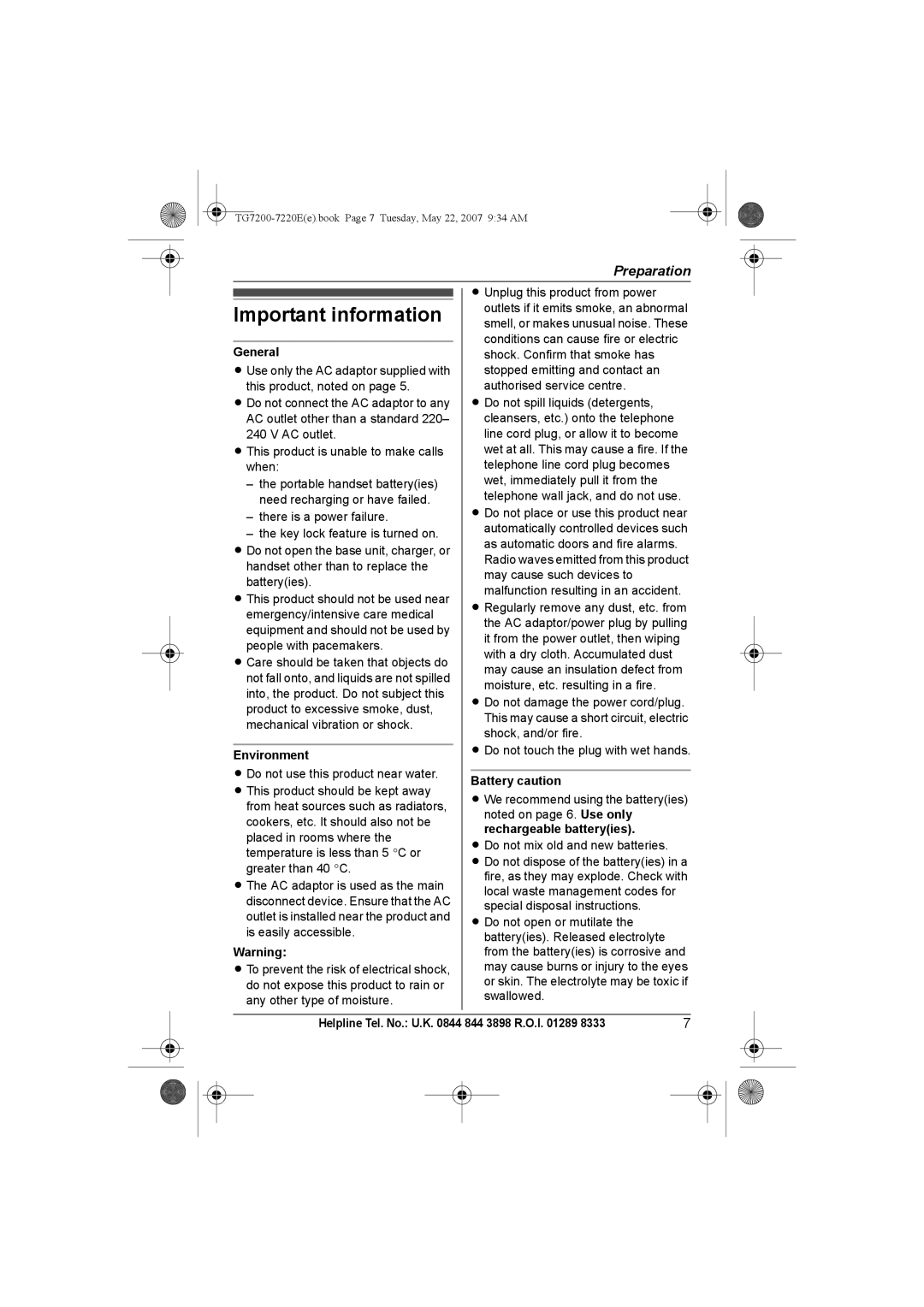 Panasonic TG7200-7220E operating instructions Important information, General, Environment, Battery caution 