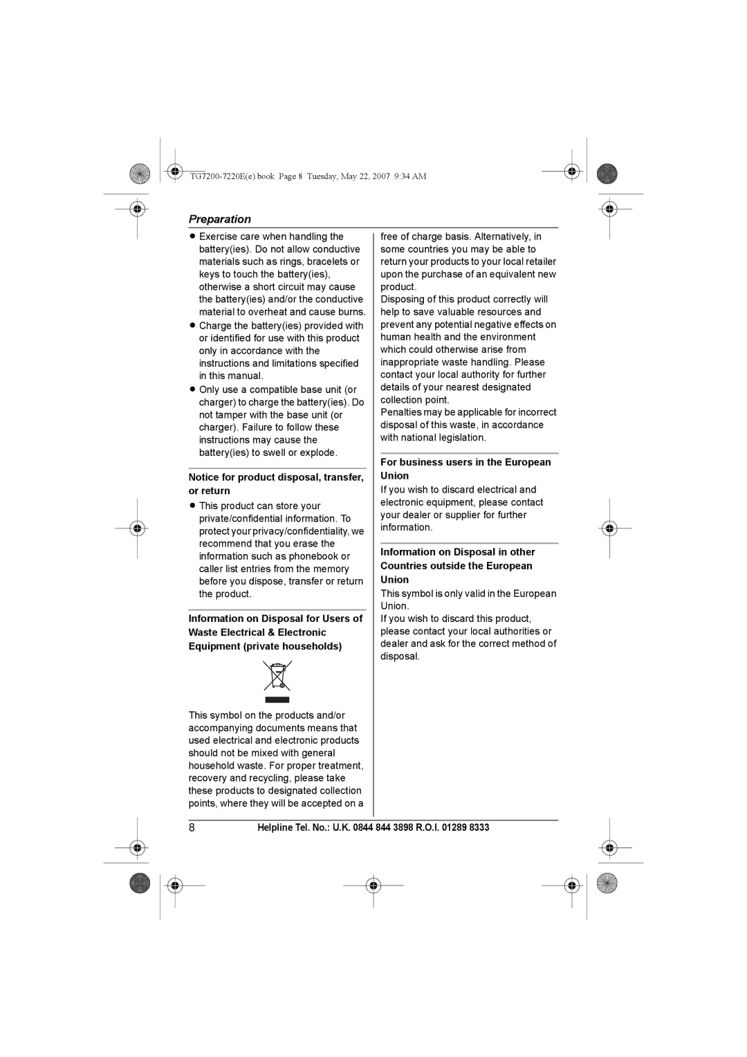 Panasonic TG7200-7220E operating instructions For business users in the European Union 