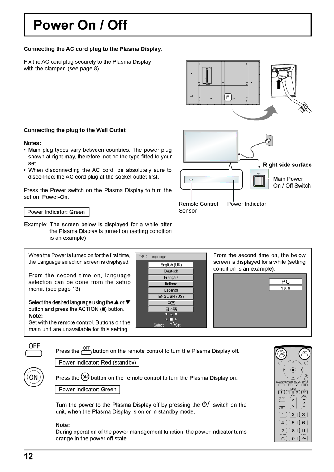 Panasonic TH-103PF10EK manual Power On / Off, Connecting the AC cord plug to the Plasma Display, Right side surface 