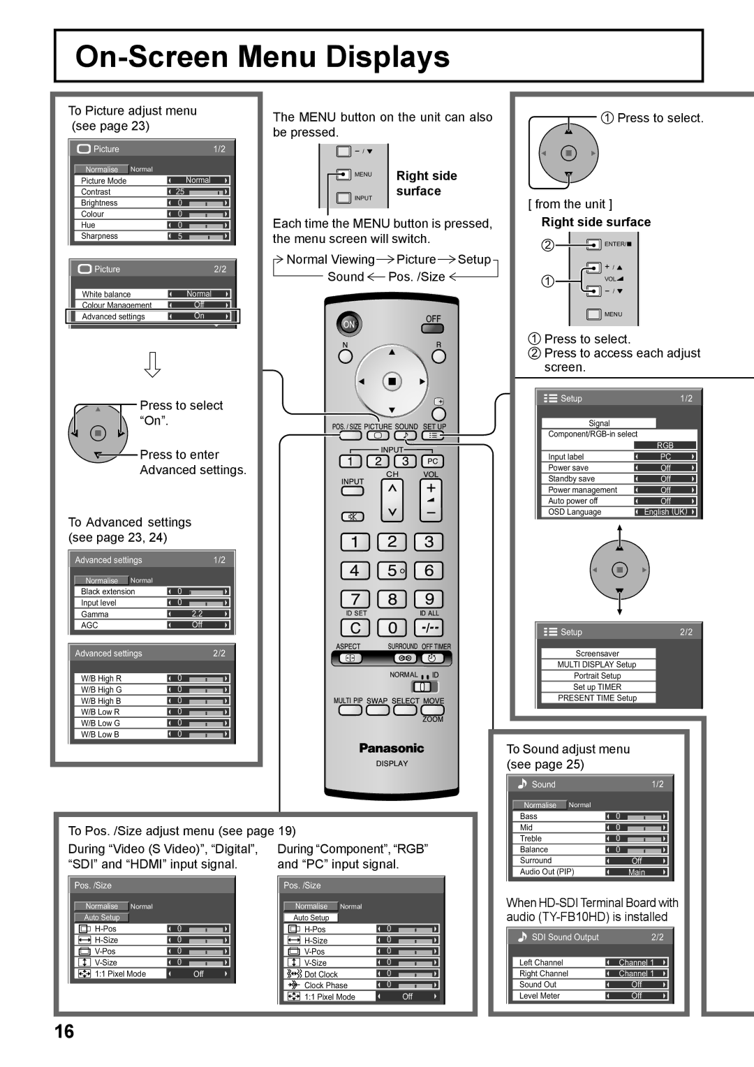 Panasonic TH-103PF10EK manual On-Screen Menu Displays, See page 23 